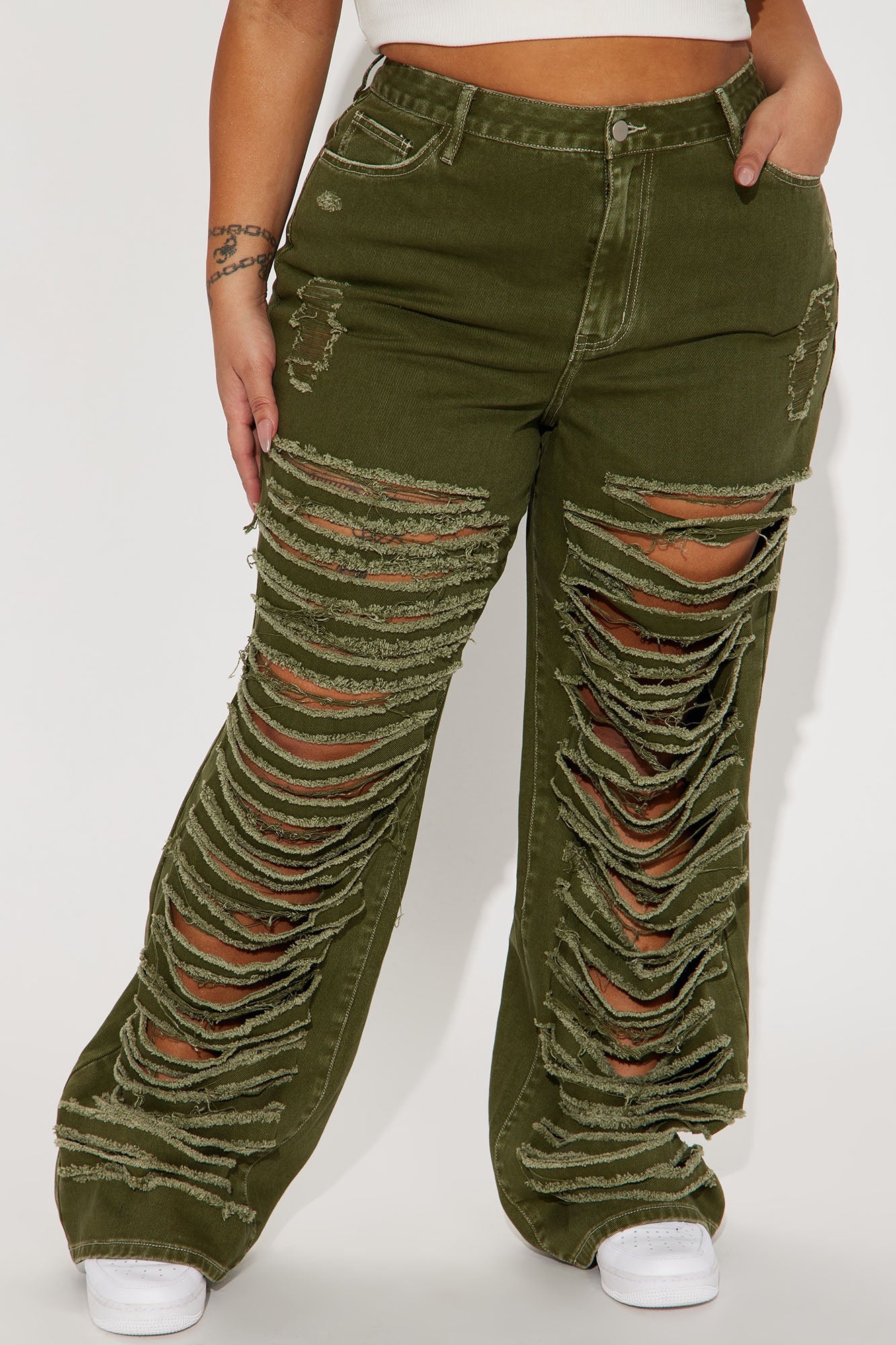 Big Dreams Non Stretch Ripped Wide Leg Baggy Jean - Olive
