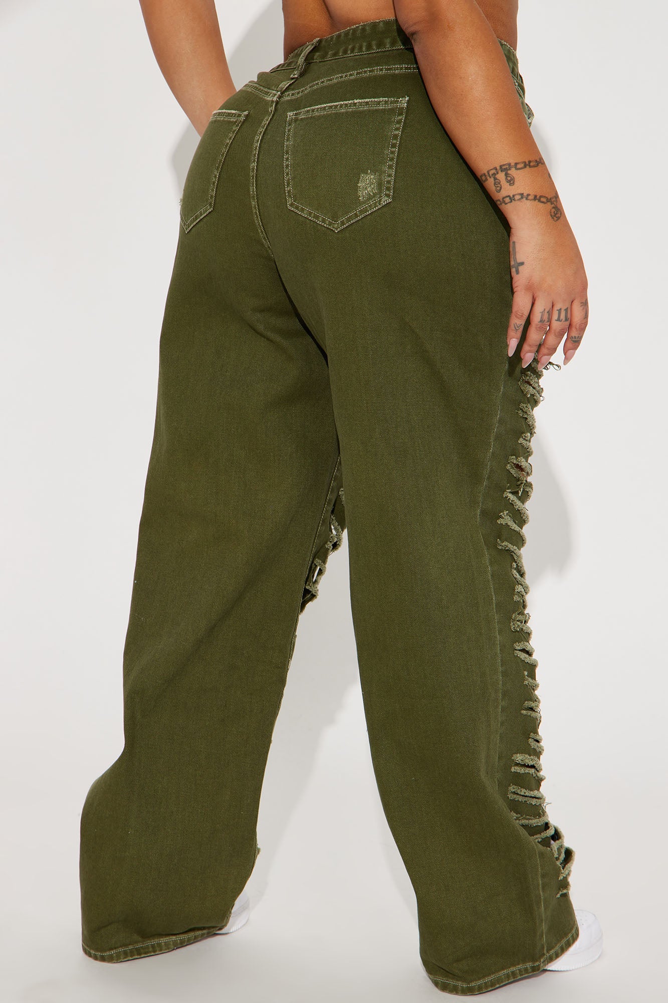Big Dreams Non Stretch Ripped Wide Leg Baggy Jean - Olive