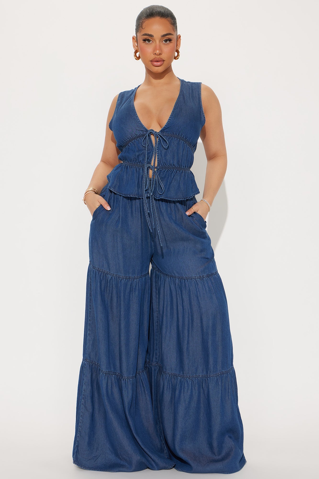 Regina Tiered Pant Set - Medium Wash