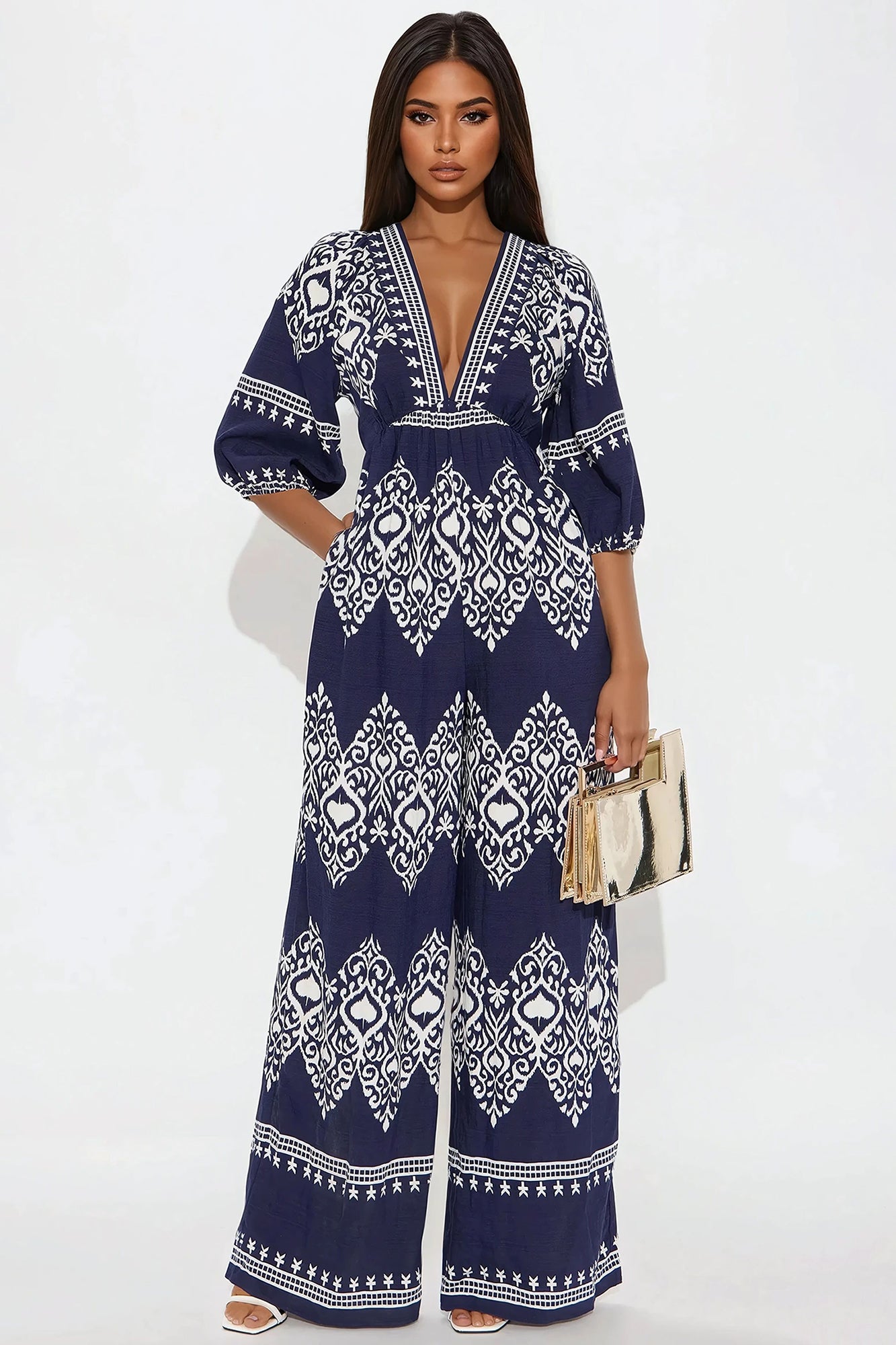 Daphne Deep V Jumpsuit - Navy/combo