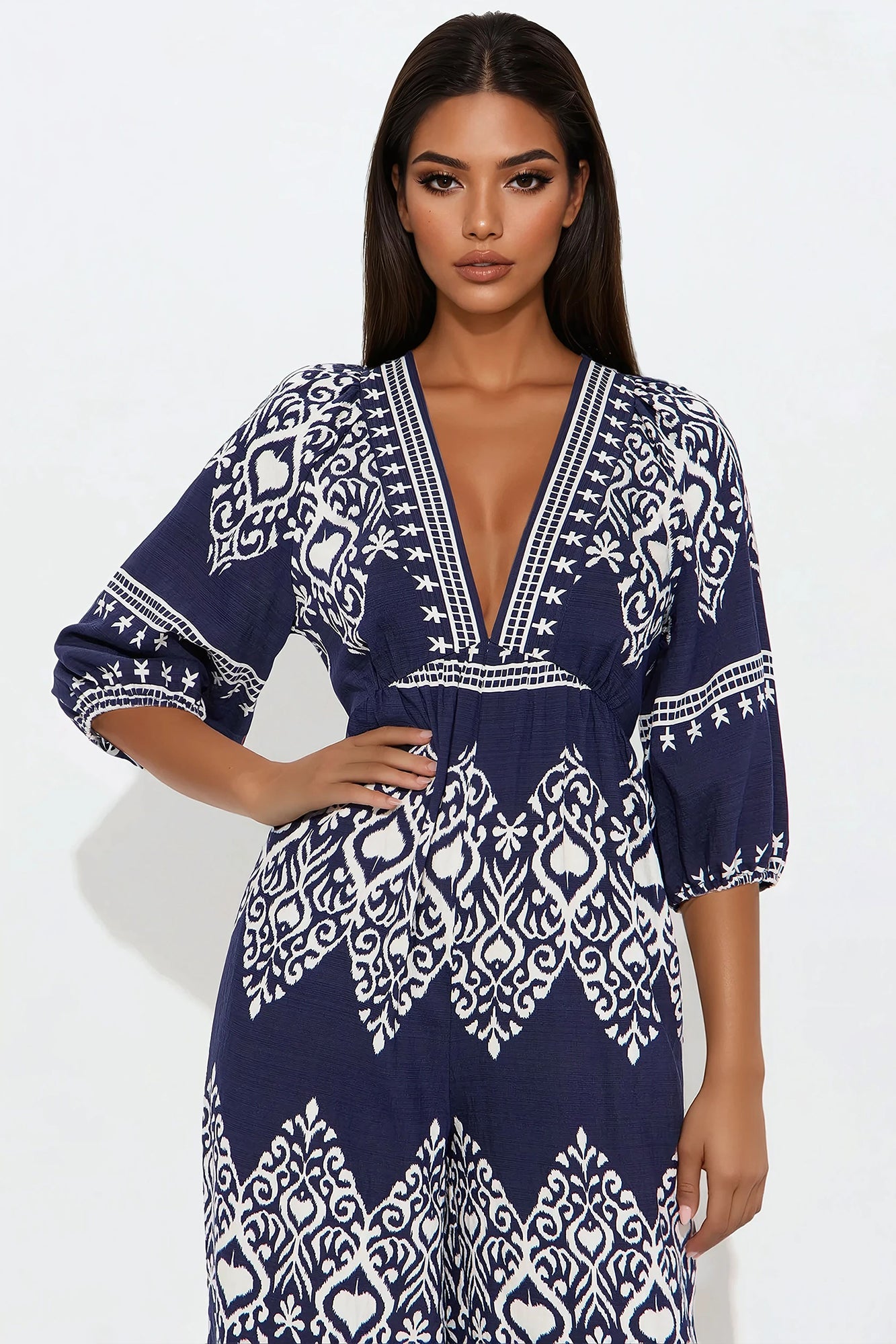 Daphne Deep V Jumpsuit - Navy/combo