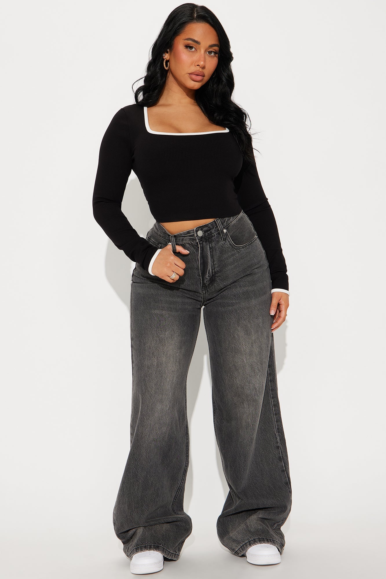 Rya Ribbed Long Sleeve Top - Black/White