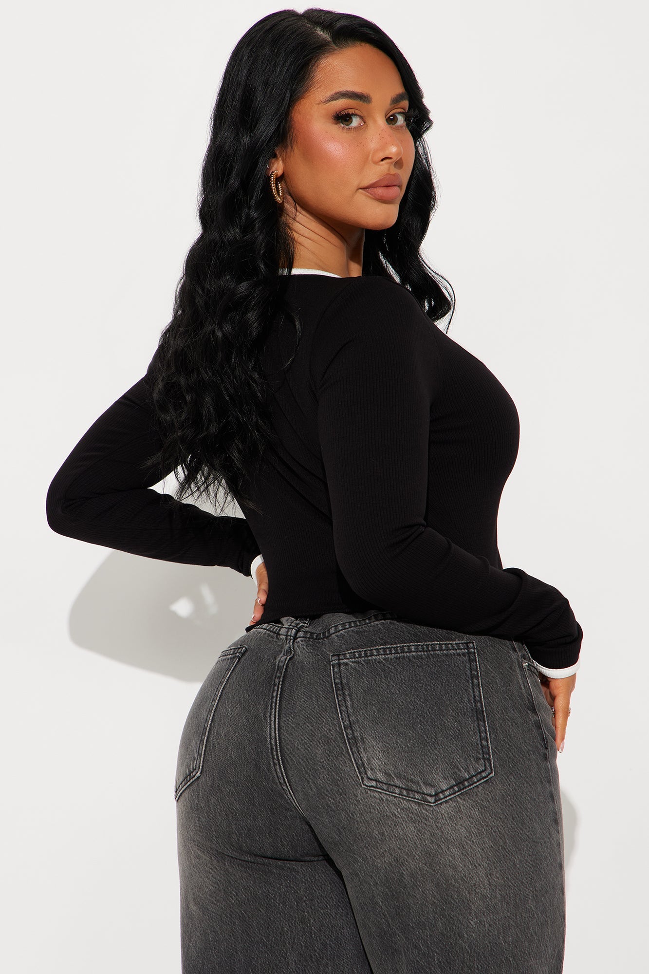 Rya Ribbed Long Sleeve Top - Black/White