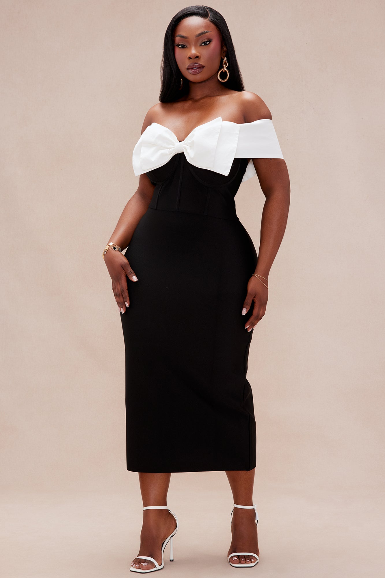 Kalia Off Shoulder Bandage Midi Dress - Black/White