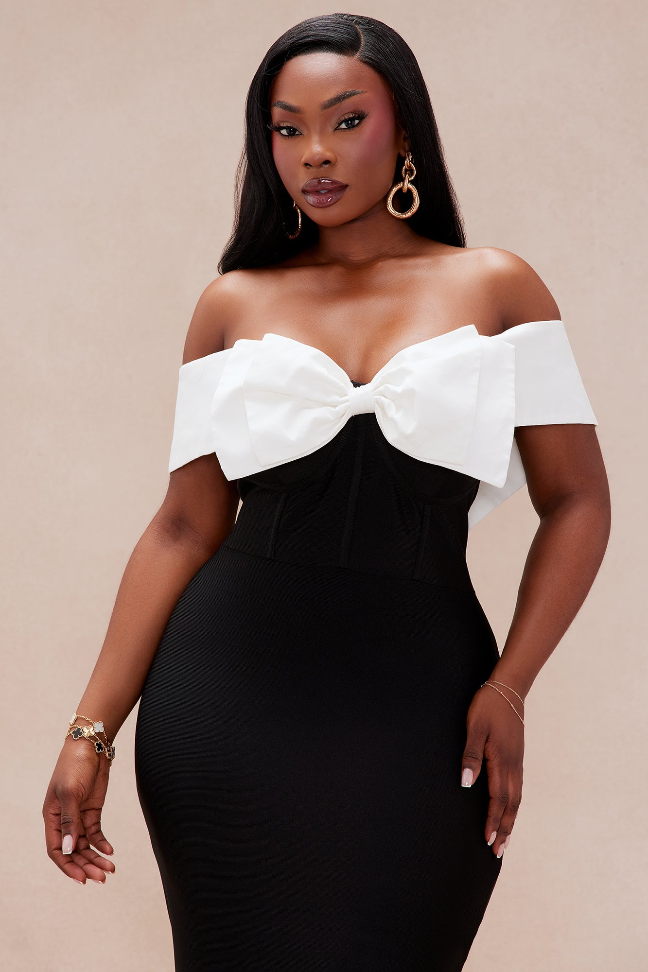Kalia Off Shoulder Bandage Midi Dress - Black/White