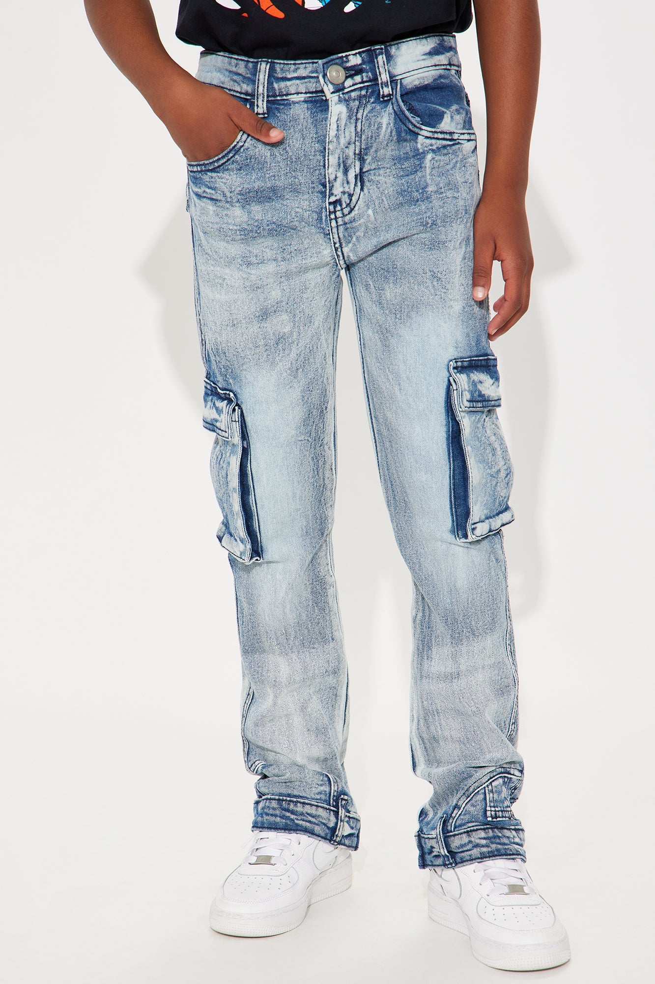 Mini Flipside Stacked Cargo Denim Jean - Medium Blue Wash