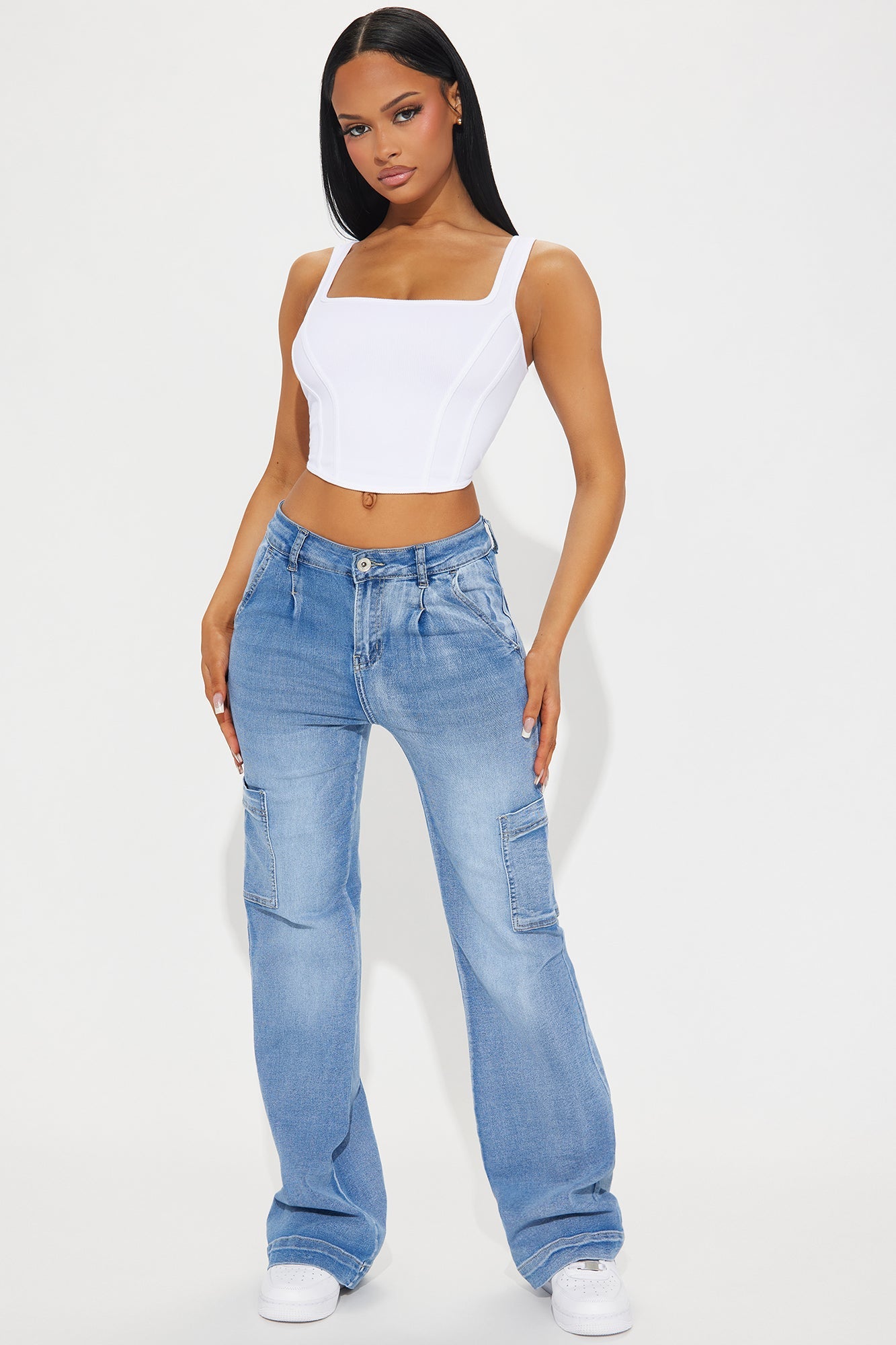Counting On It Cargo Stretch Flare Jeans - Medium Wash
