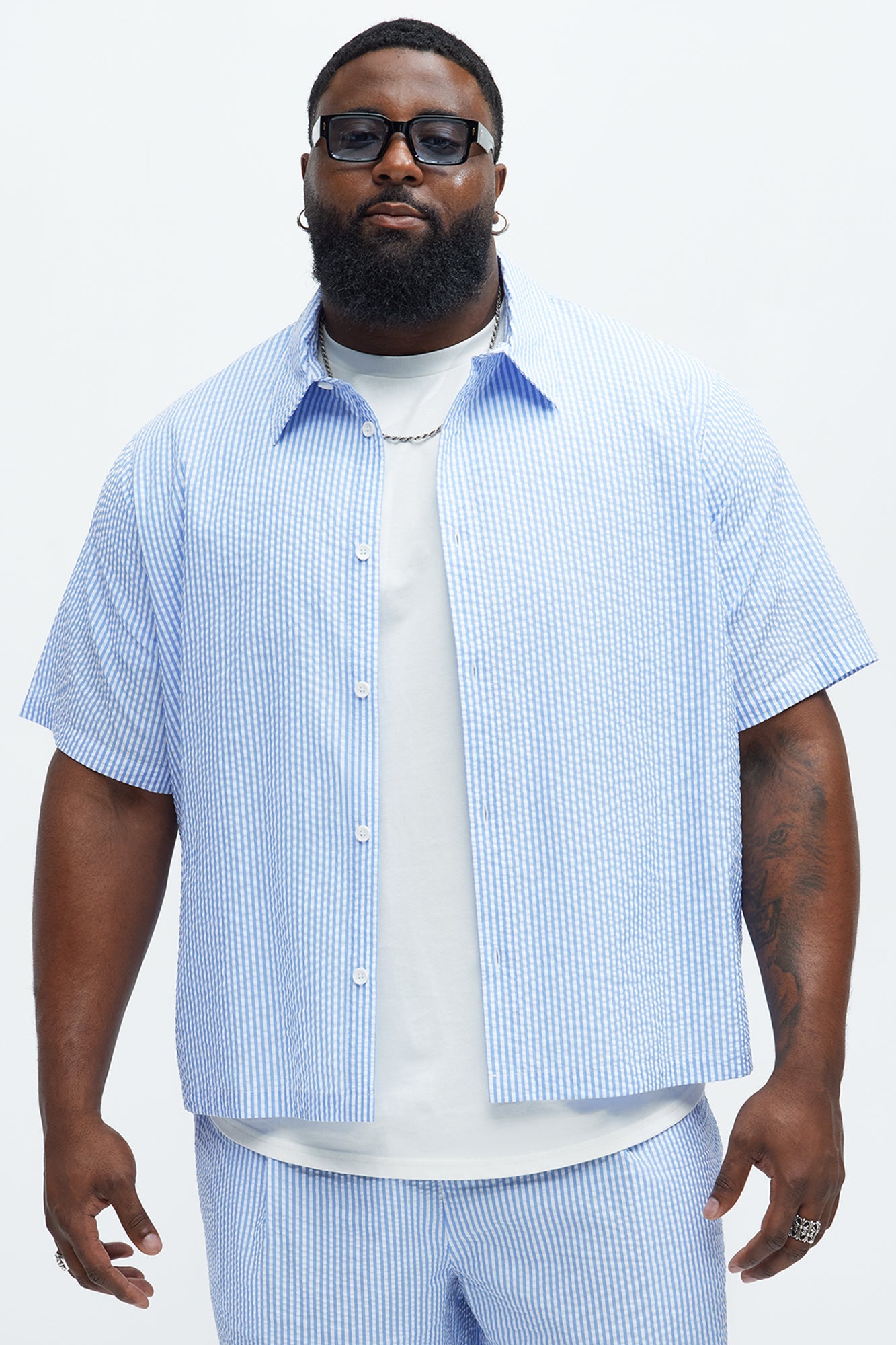 Seersucker Short Sleeve Button Up Shirt - Blue/combo