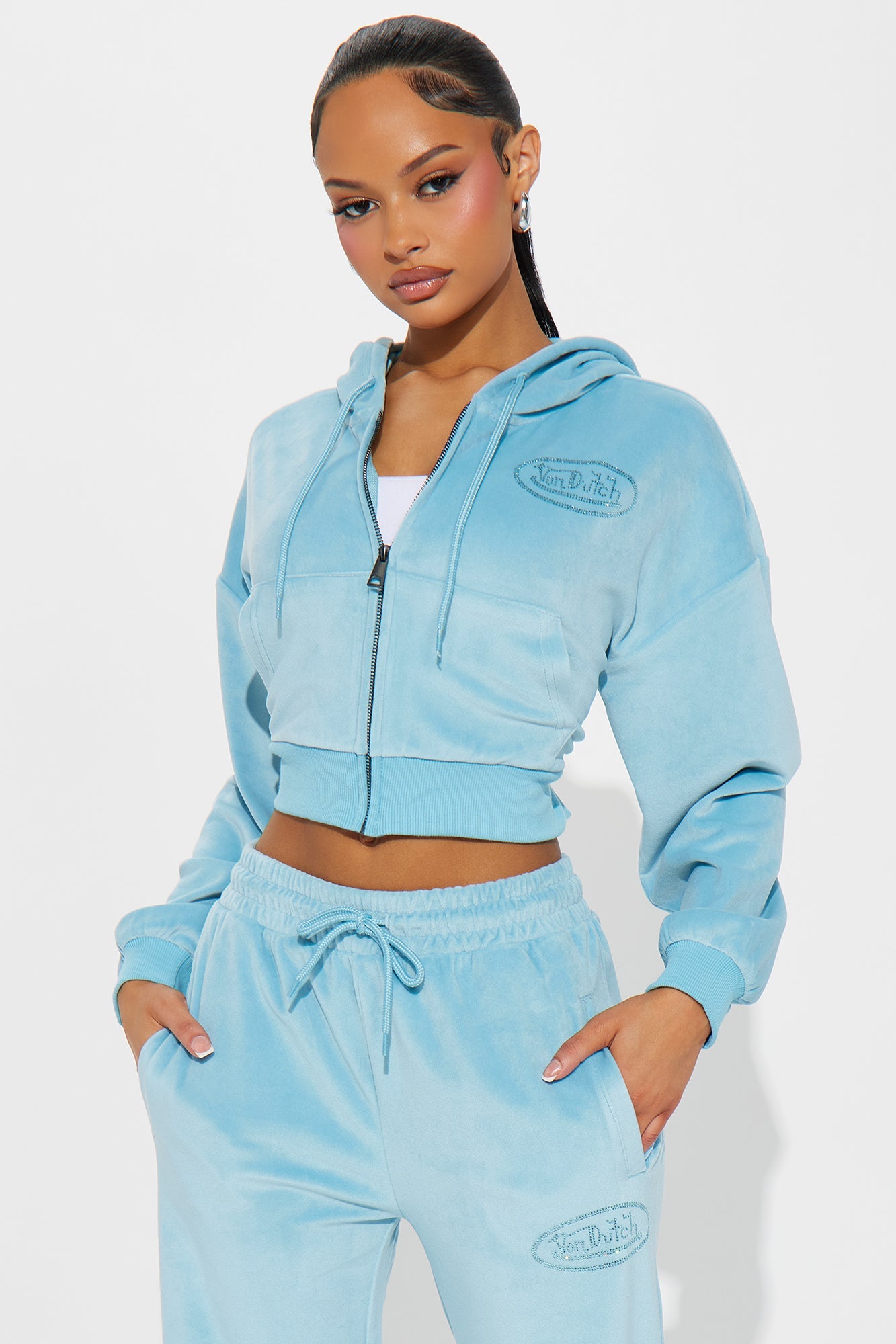 Von Dutch Velour Rhinestone Hoodie - Blue