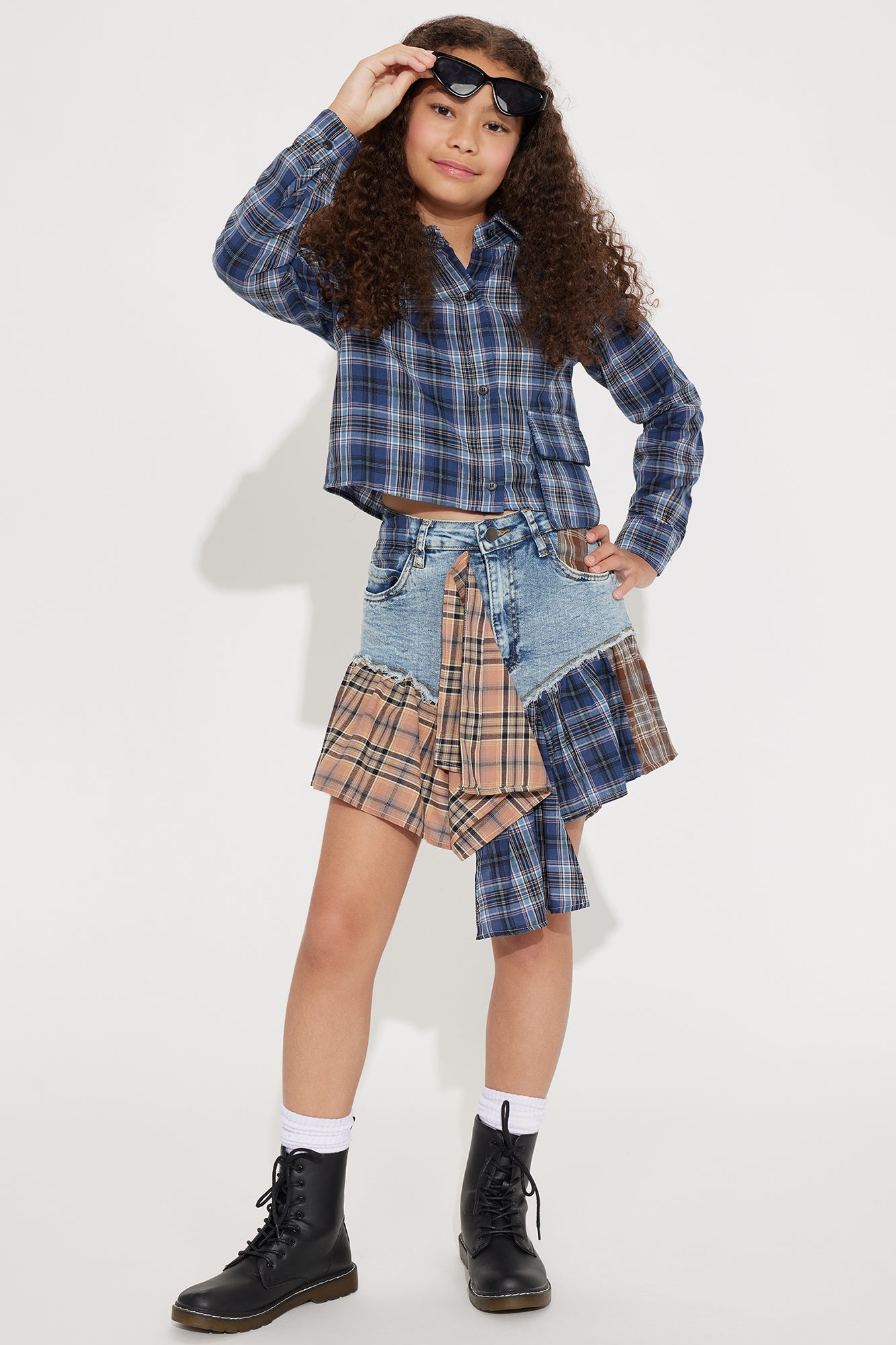 Mini Rad in Plaid Skirt Set - Medium Wash