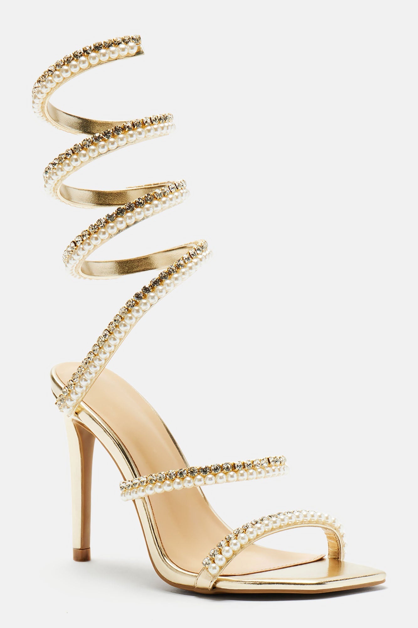 Maeve Embellished Pearl Wrap Up Heels - Gold