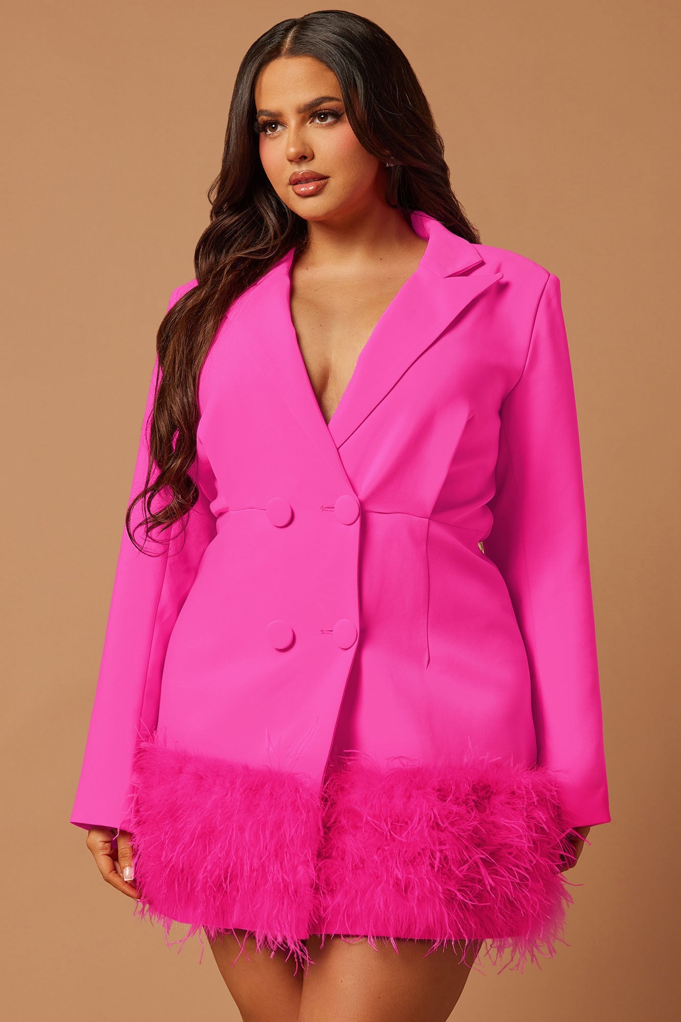 Delia Feathered Blazer Dress - Fuchsia