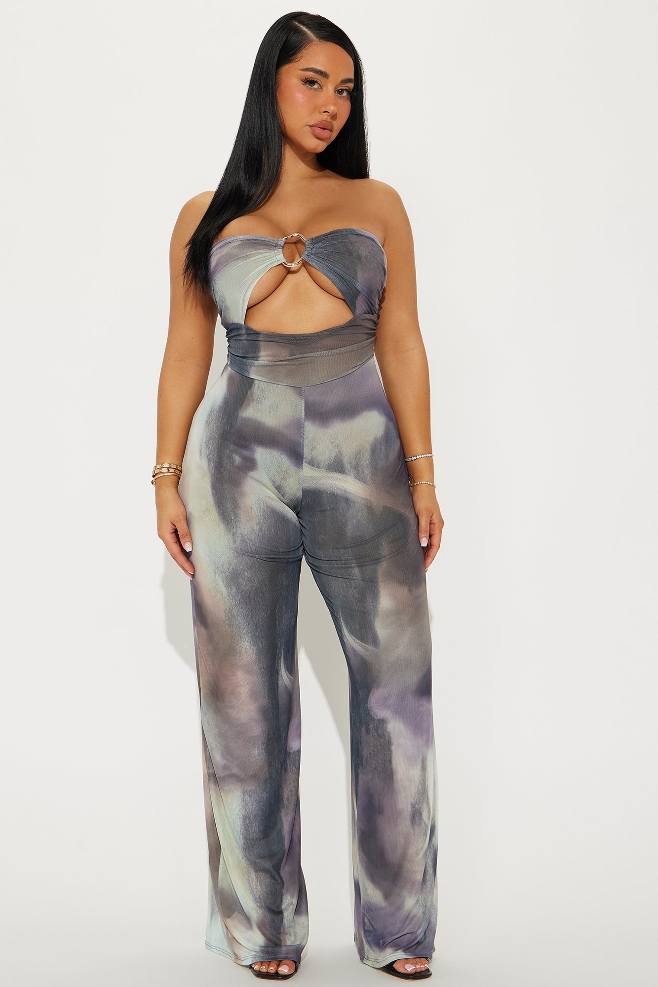 Soraya Strapless Mesh Cut Out Jumpsuit - Grey/combo