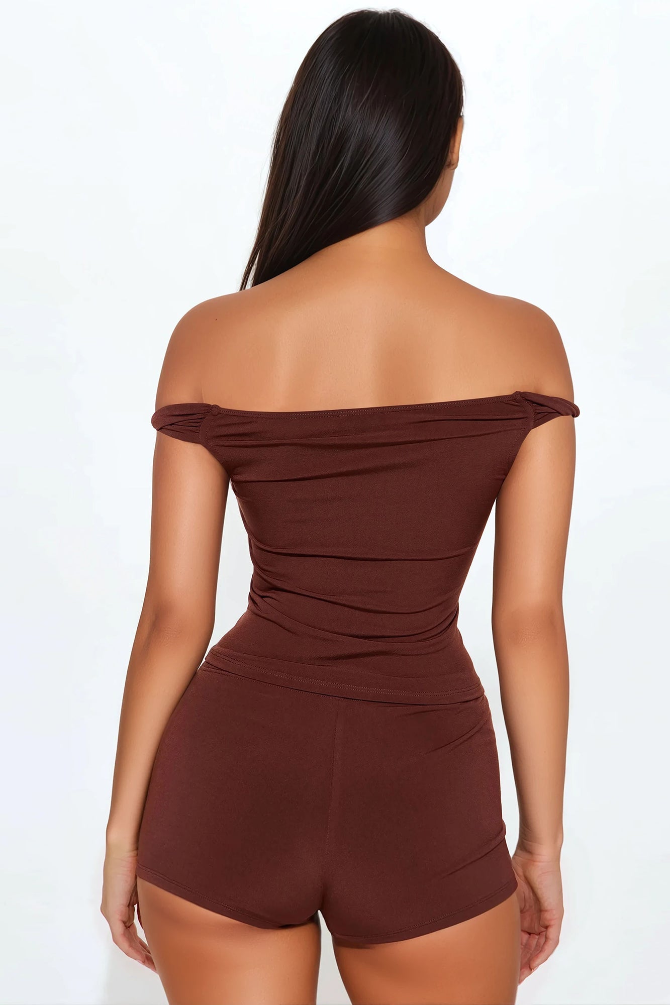 Vanessa Off Shoulder Micro Short Set - Brown