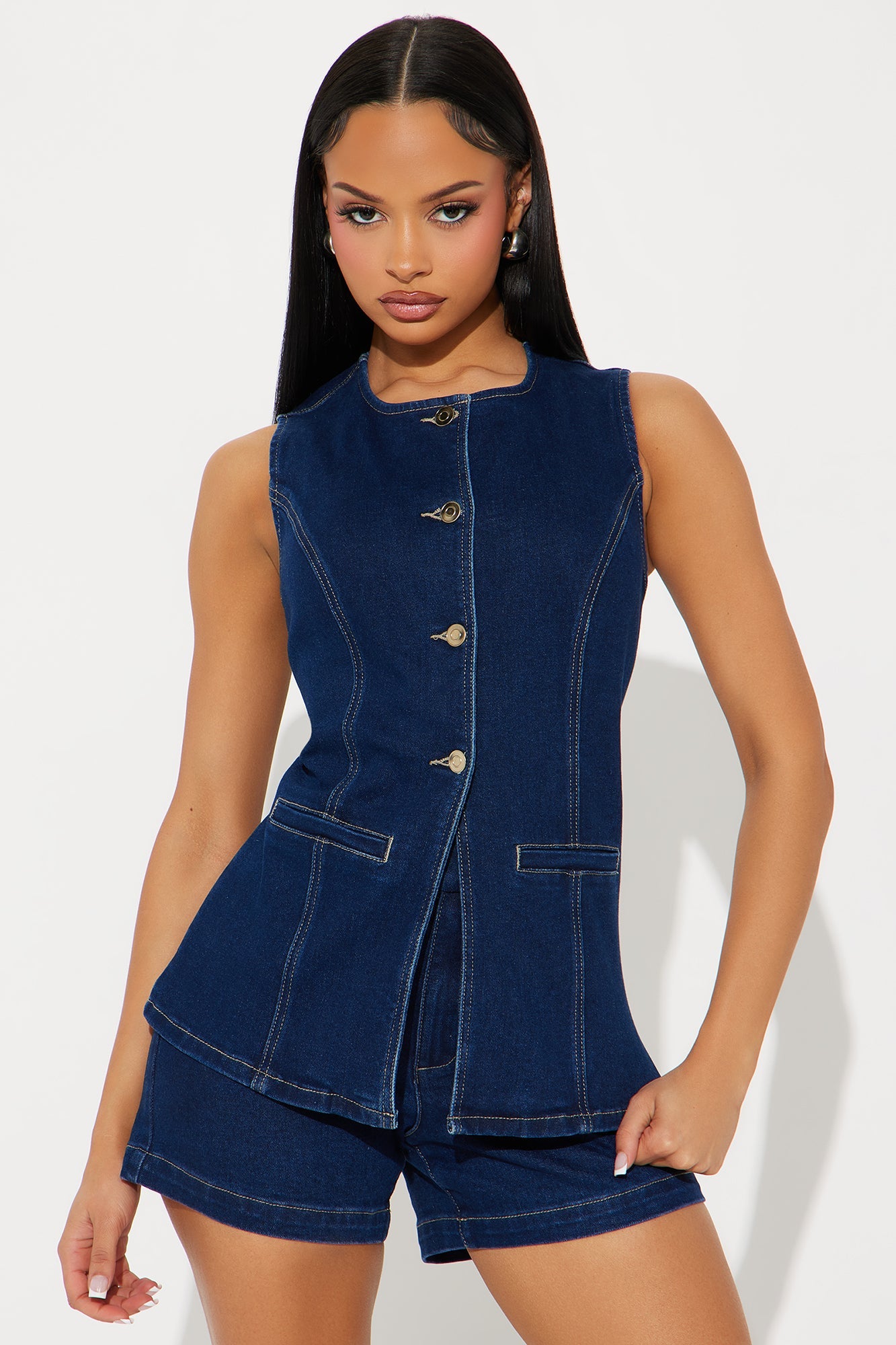Caught In A Moment Denim Short Set - Dark Wash