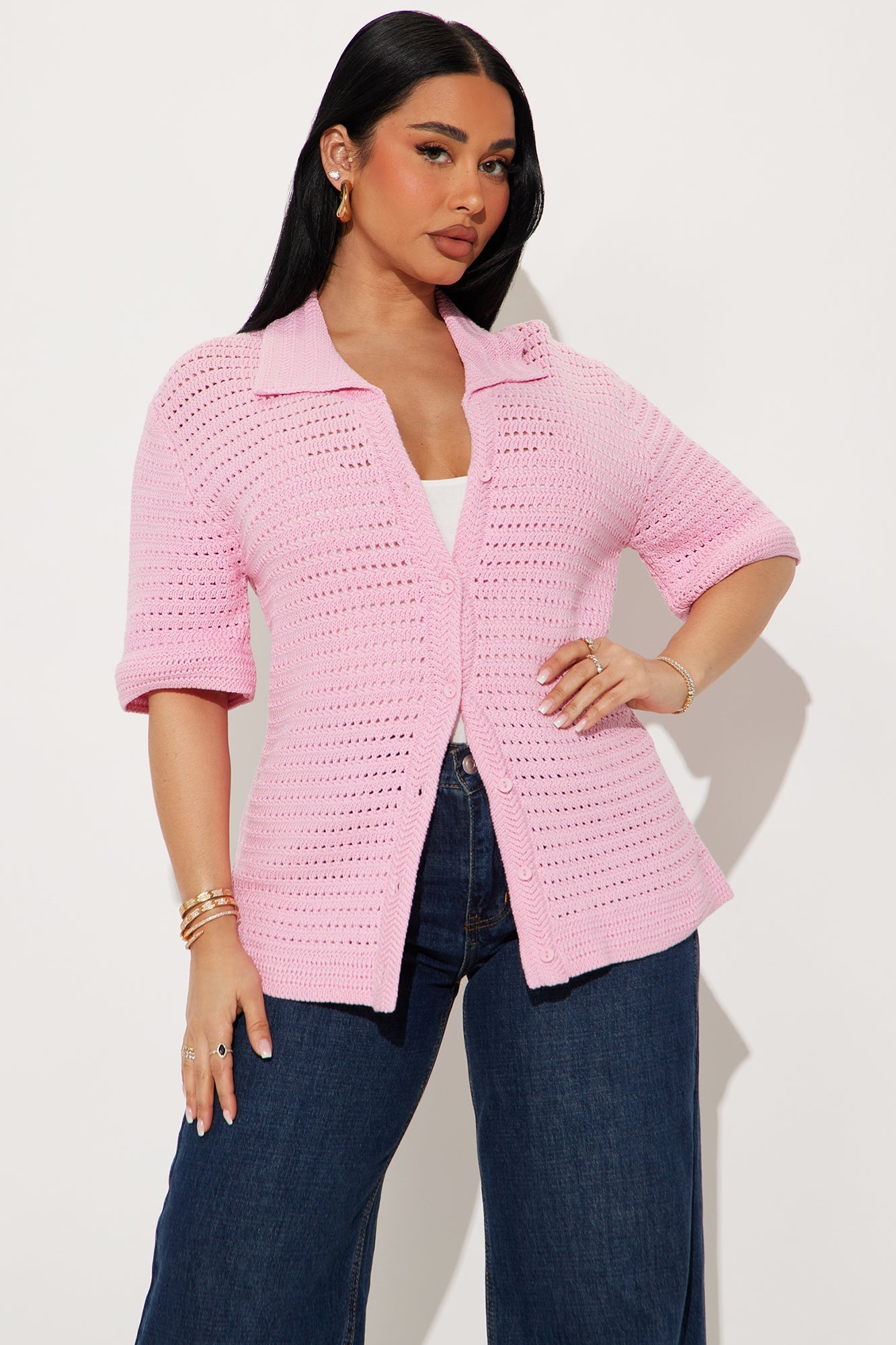 Drinks In Hand Crochet Shirt - Pink