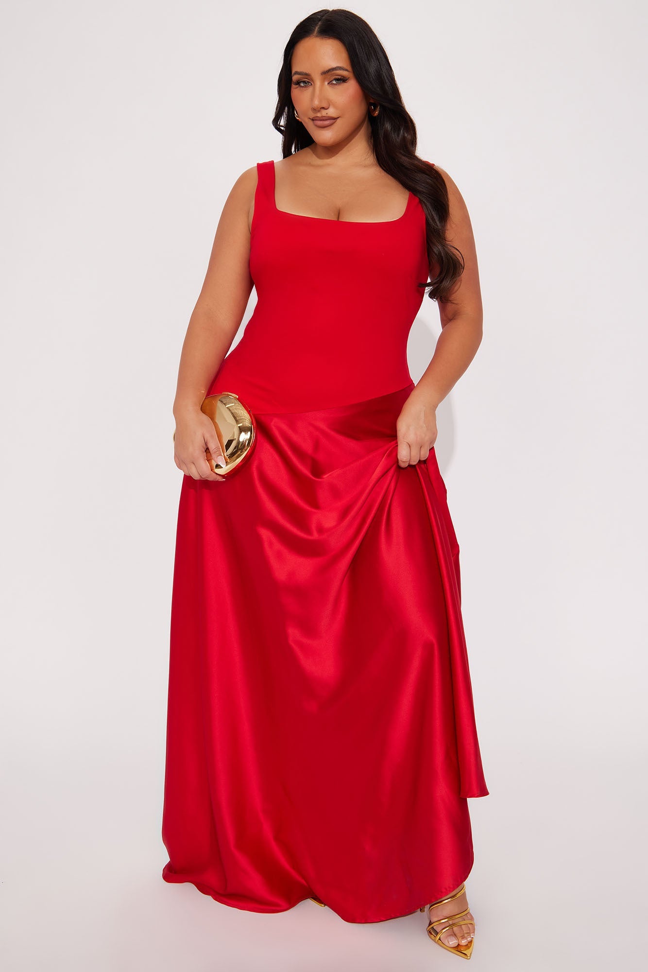 Liana Drop Waist Contrast Satin Maxi Dress - Red