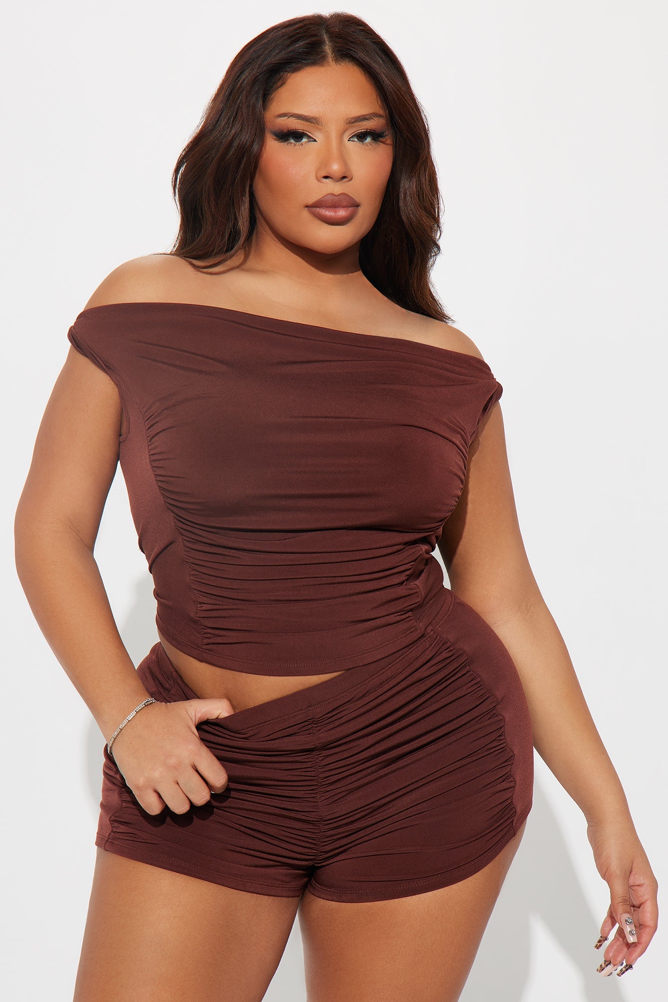 Vanessa Off Shoulder Micro Short Set - Brown