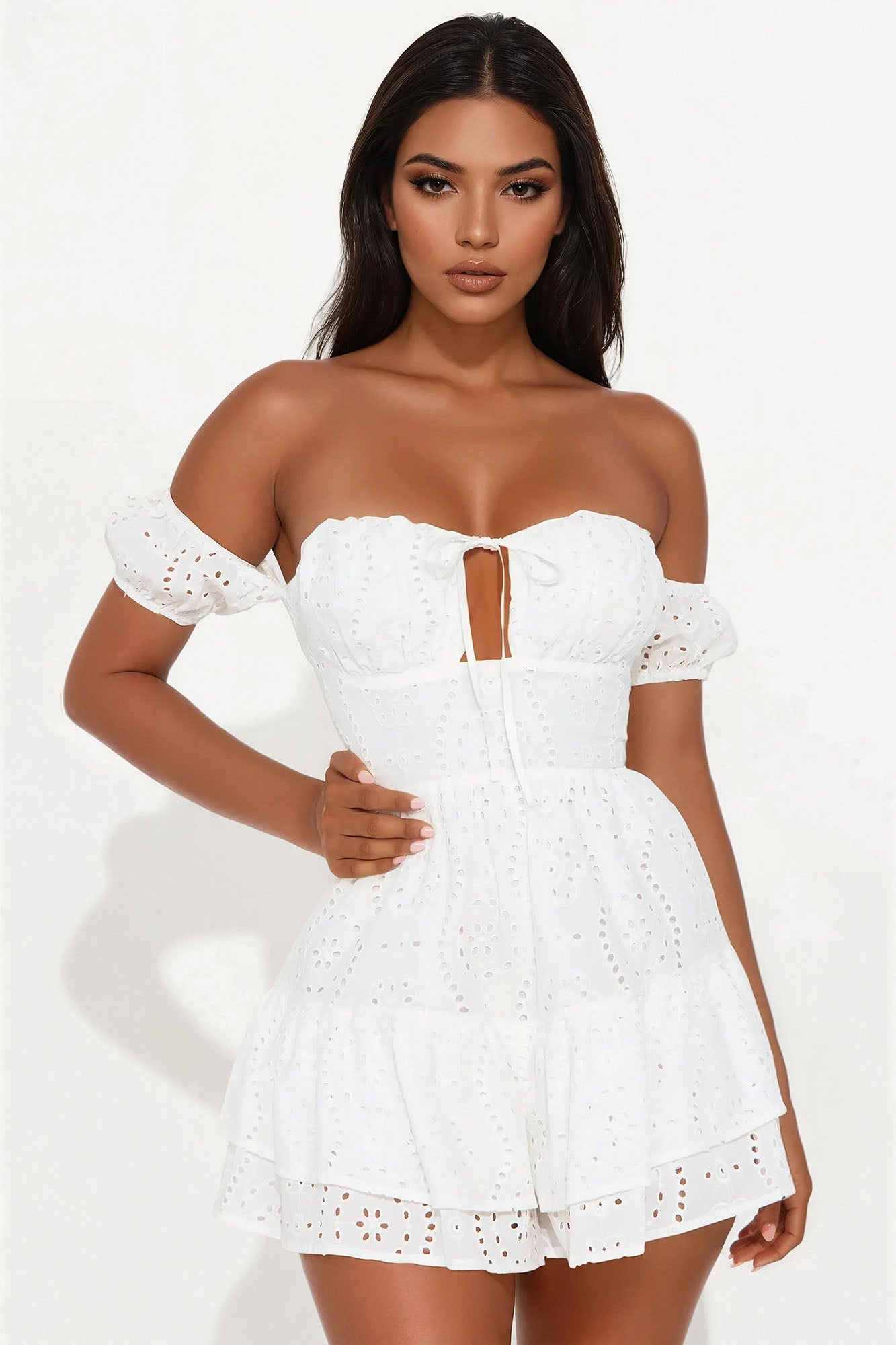 Dream Child Eyelet Off Shoulder Romper - White