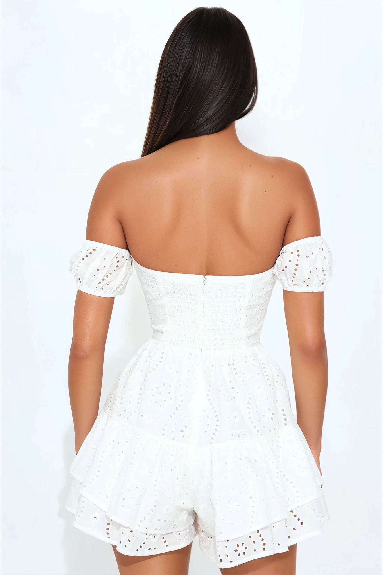 Dream Child Eyelet Off Shoulder Romper - White