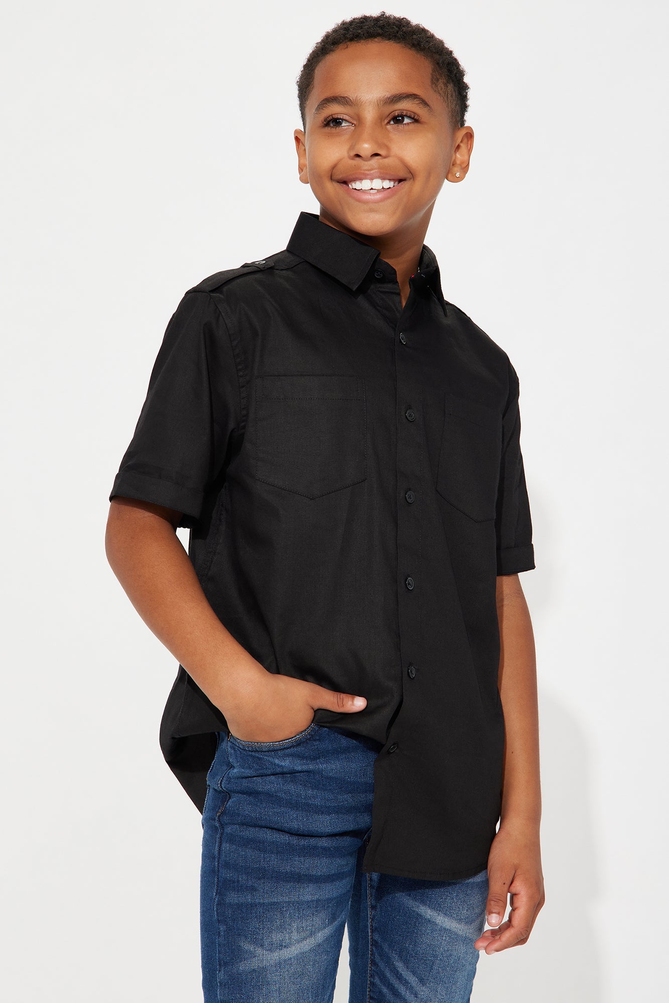 Mini Short Sleeve Woven Button Front Top - Black