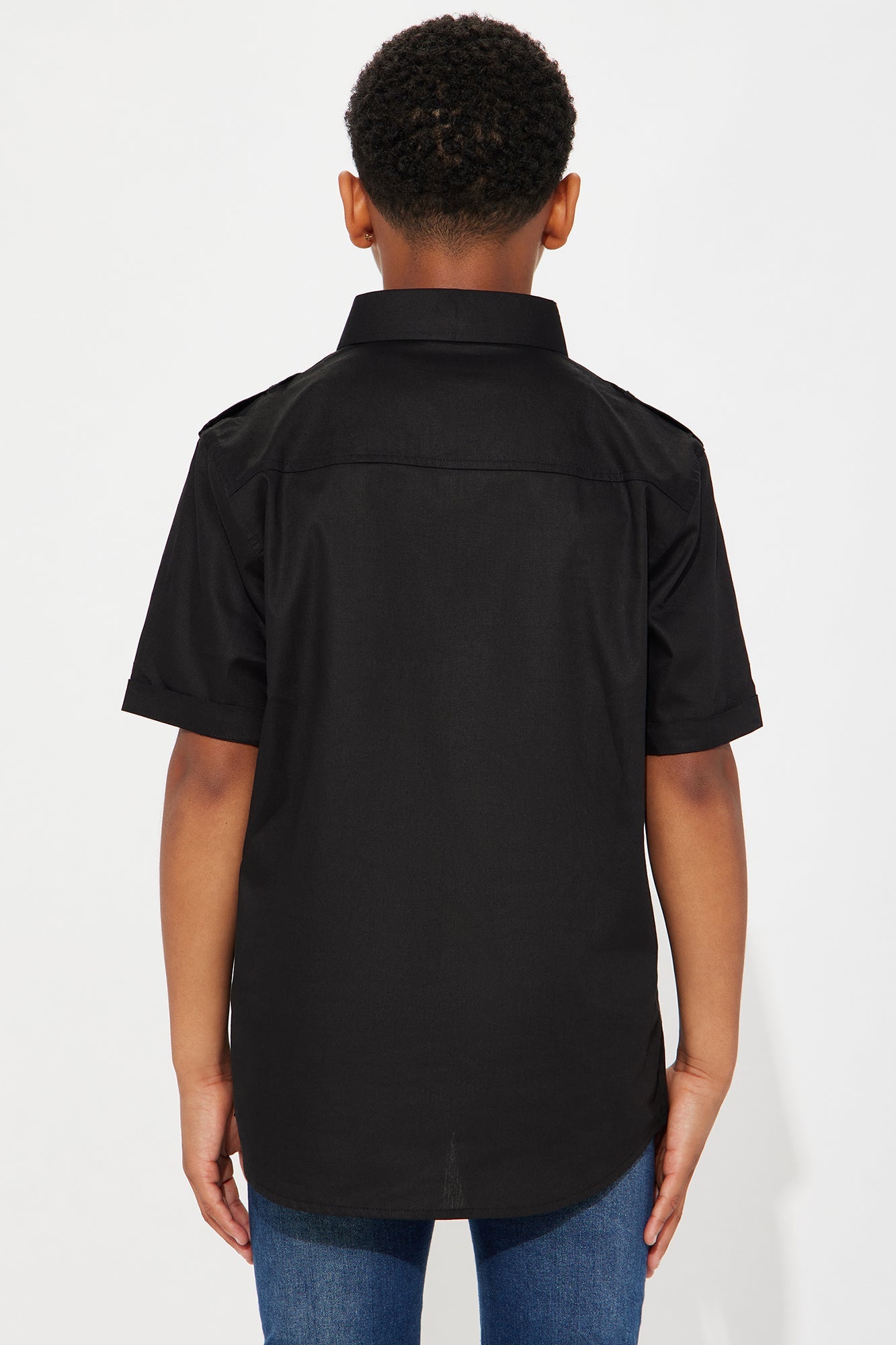 Mini Short Sleeve Woven Button Front Top - Black