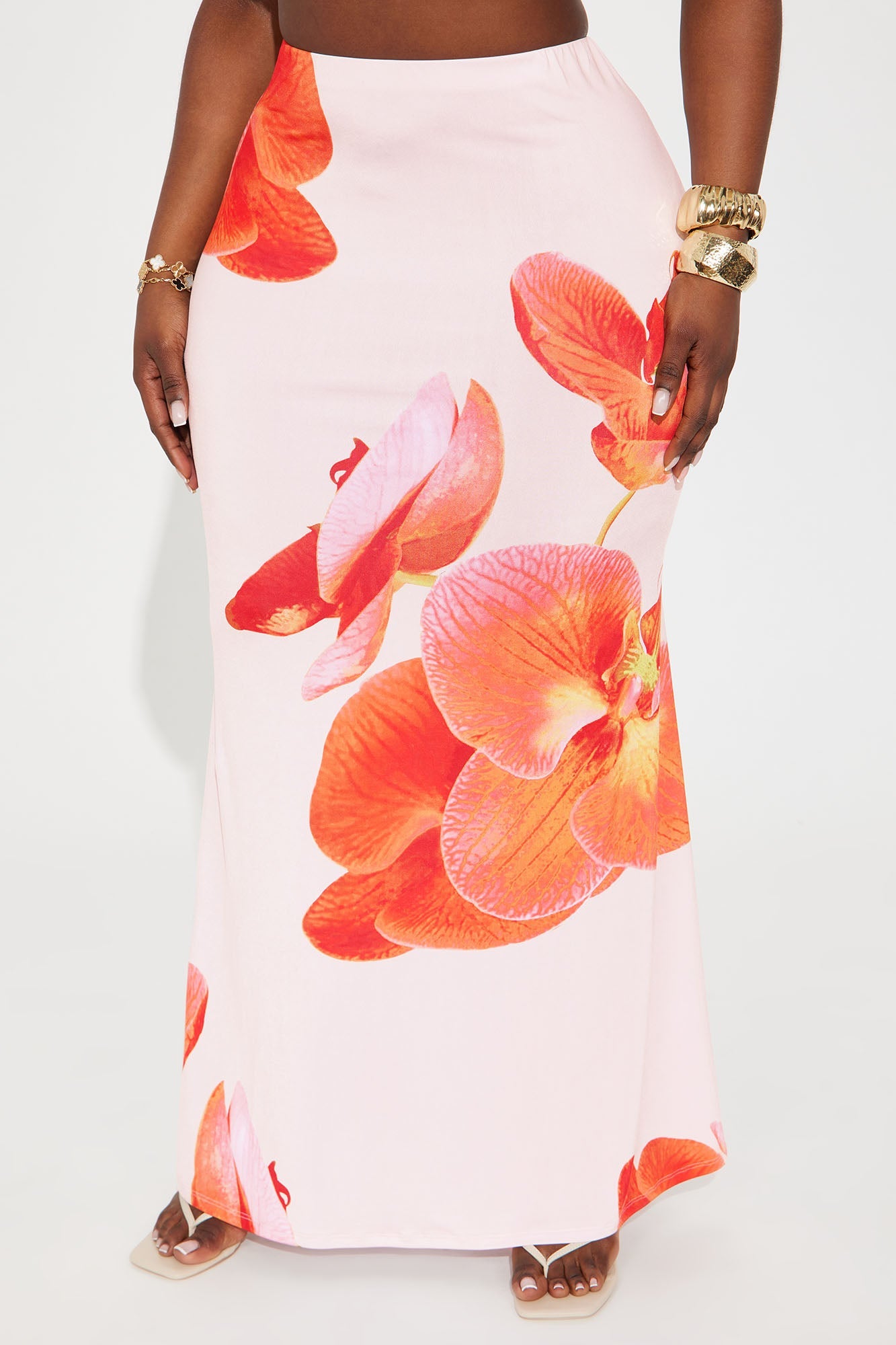 Liliana Floral Satin Maxi Skirt - Orange/combo