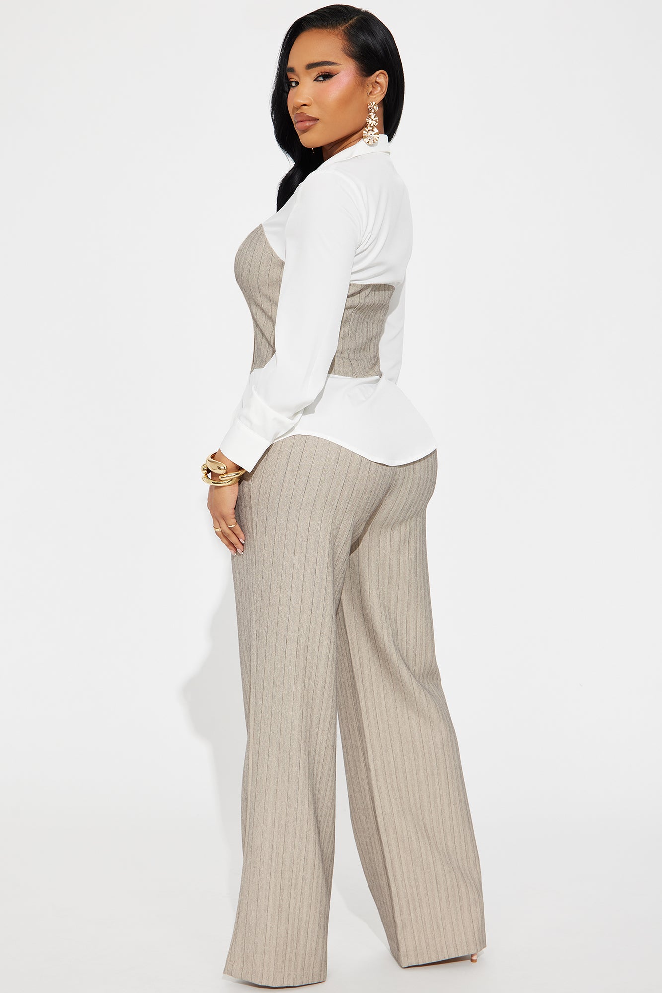 Work Mode Pinstripe Pant Set - Taupe/combo