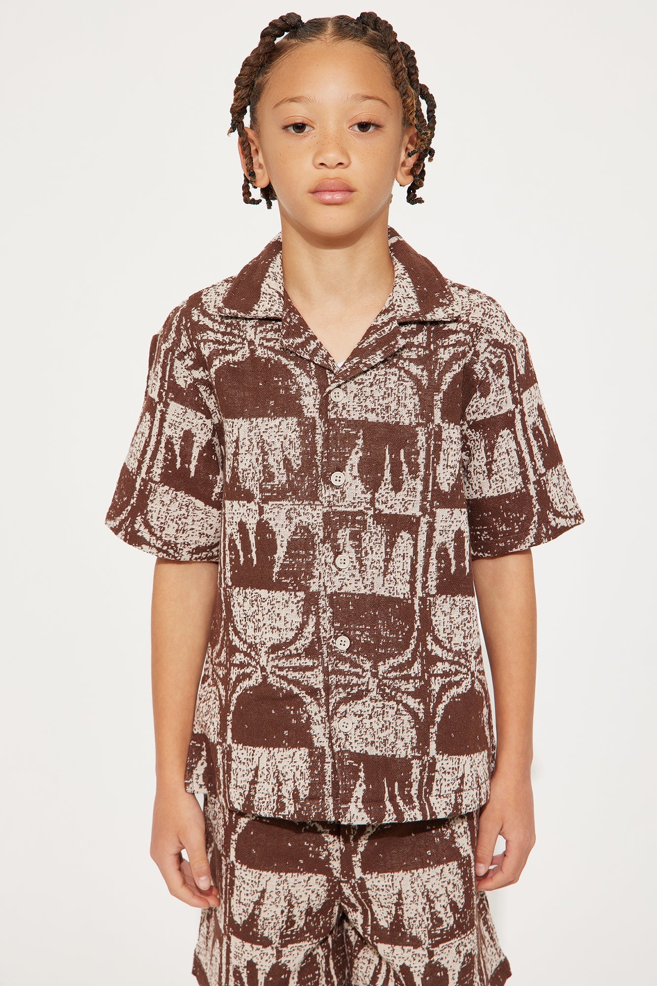 Mini Tribal Pattern Cuban Collar Button Down Shirt - Brown/combo