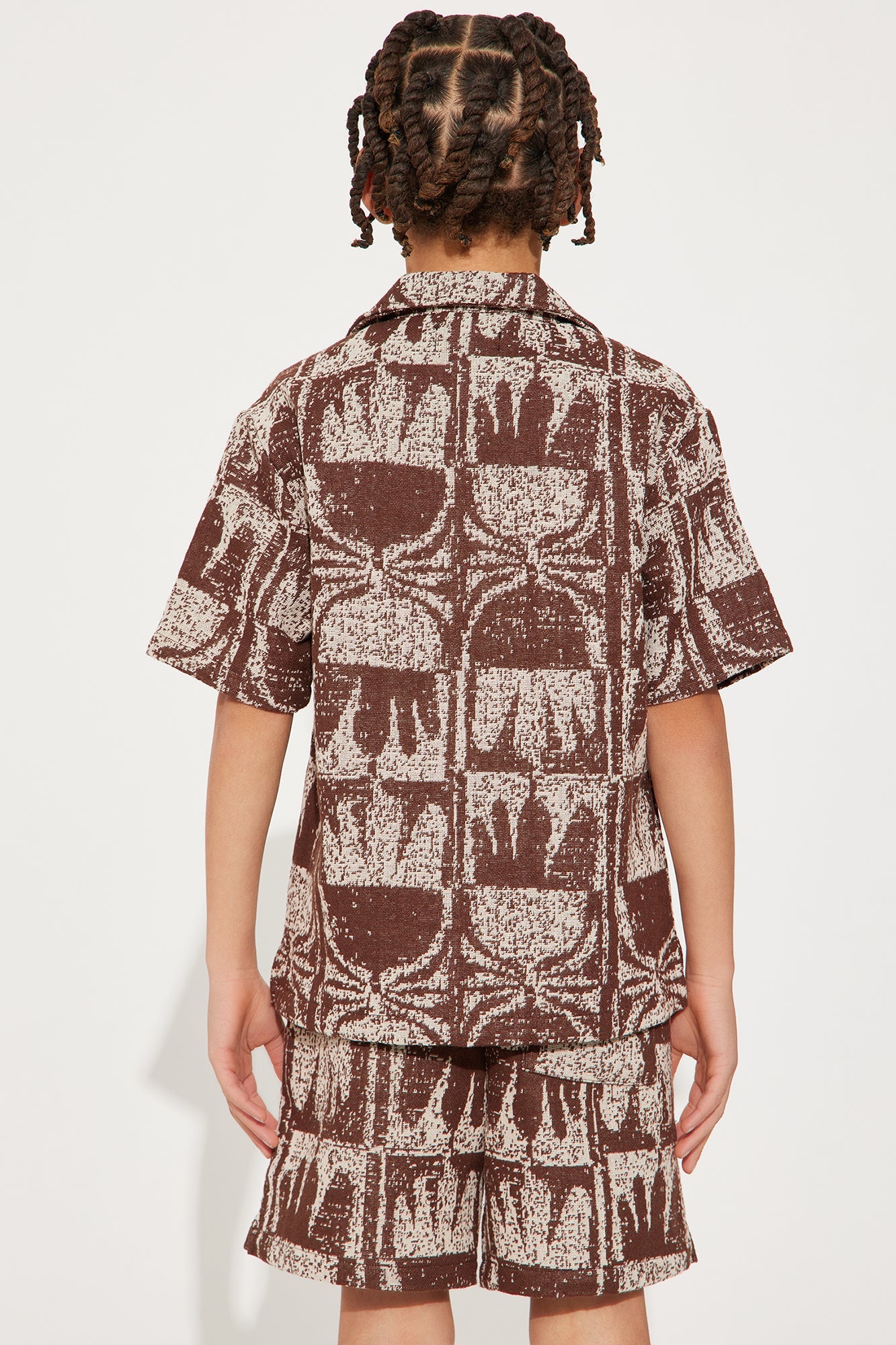 Mini Tribal Pattern Cuban Collar Button Down Shirt - Brown/combo