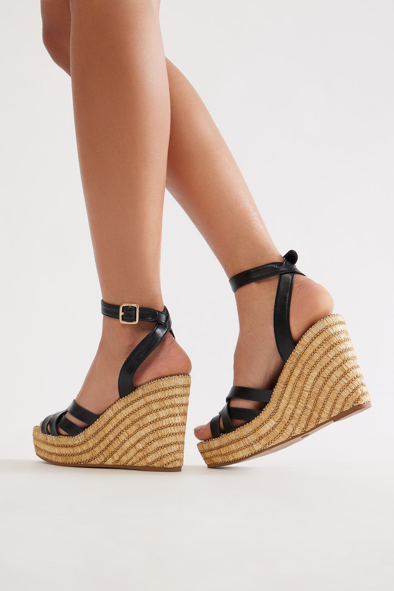 Lottie Raffia Ankle Strap Platform Wedges - Black