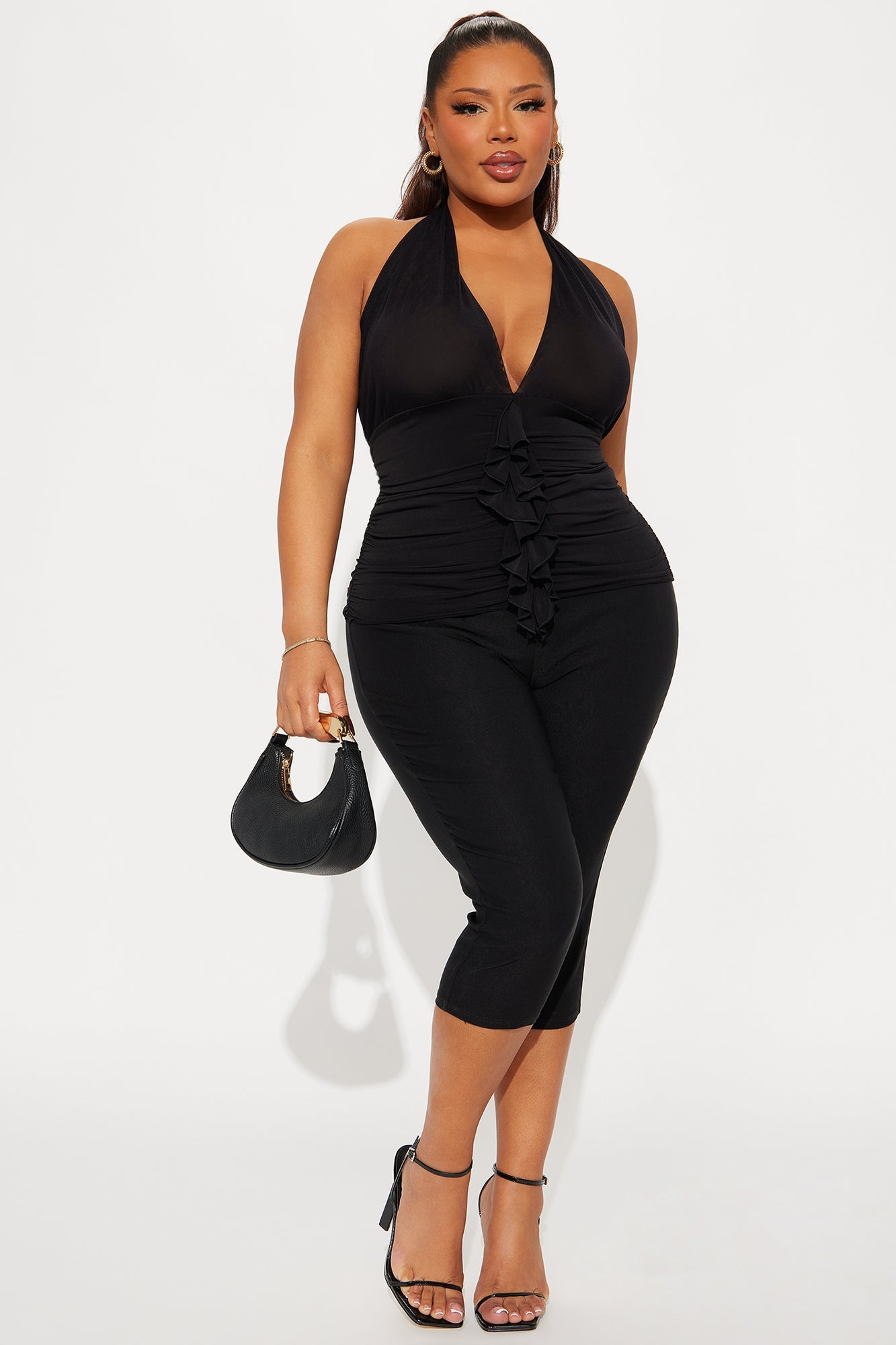 My Darling Ruched Ruffle Halter Top - Black