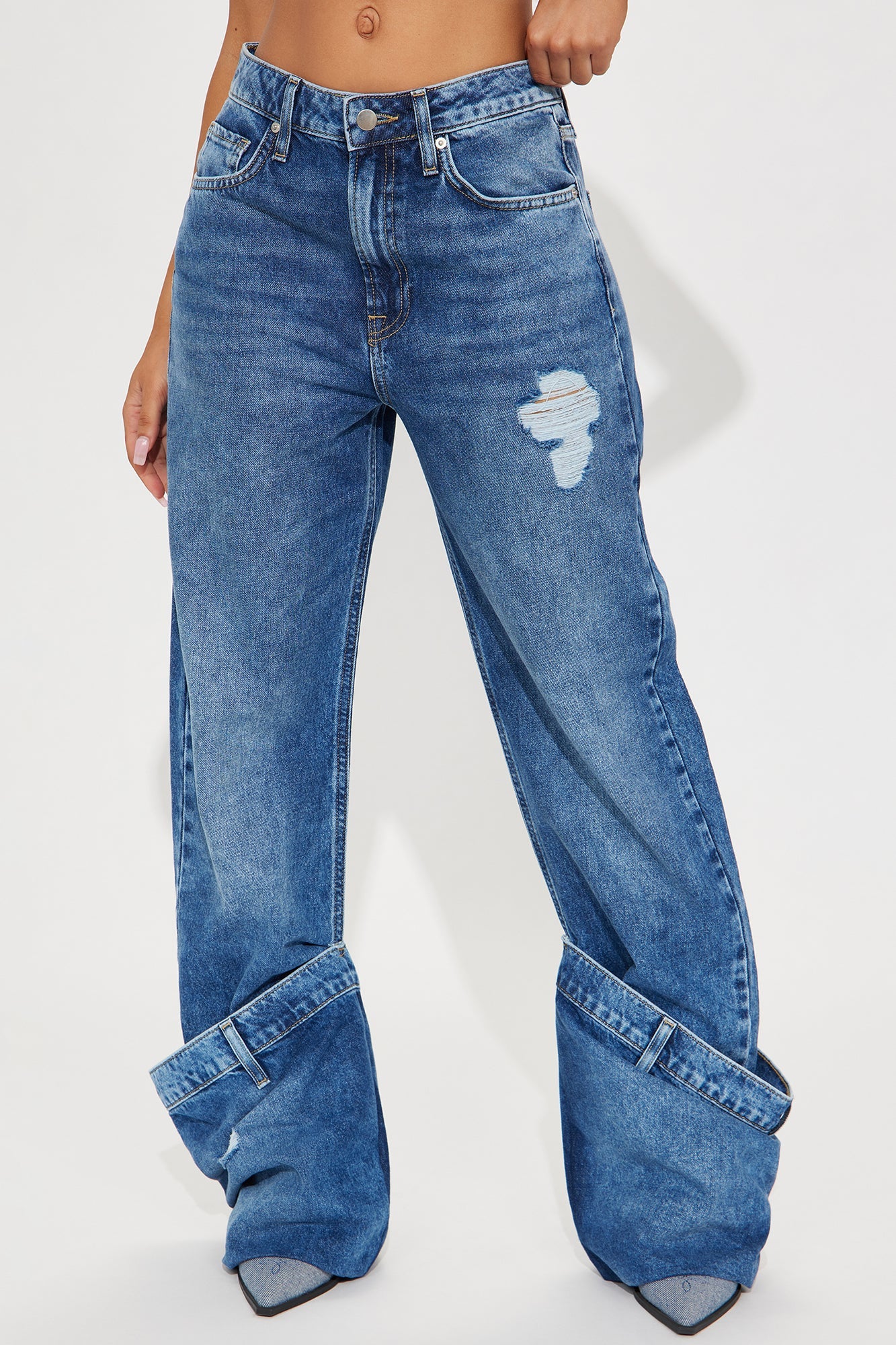 Calling It A Day Cuffed Straight Leg Jeans - Medium Wash