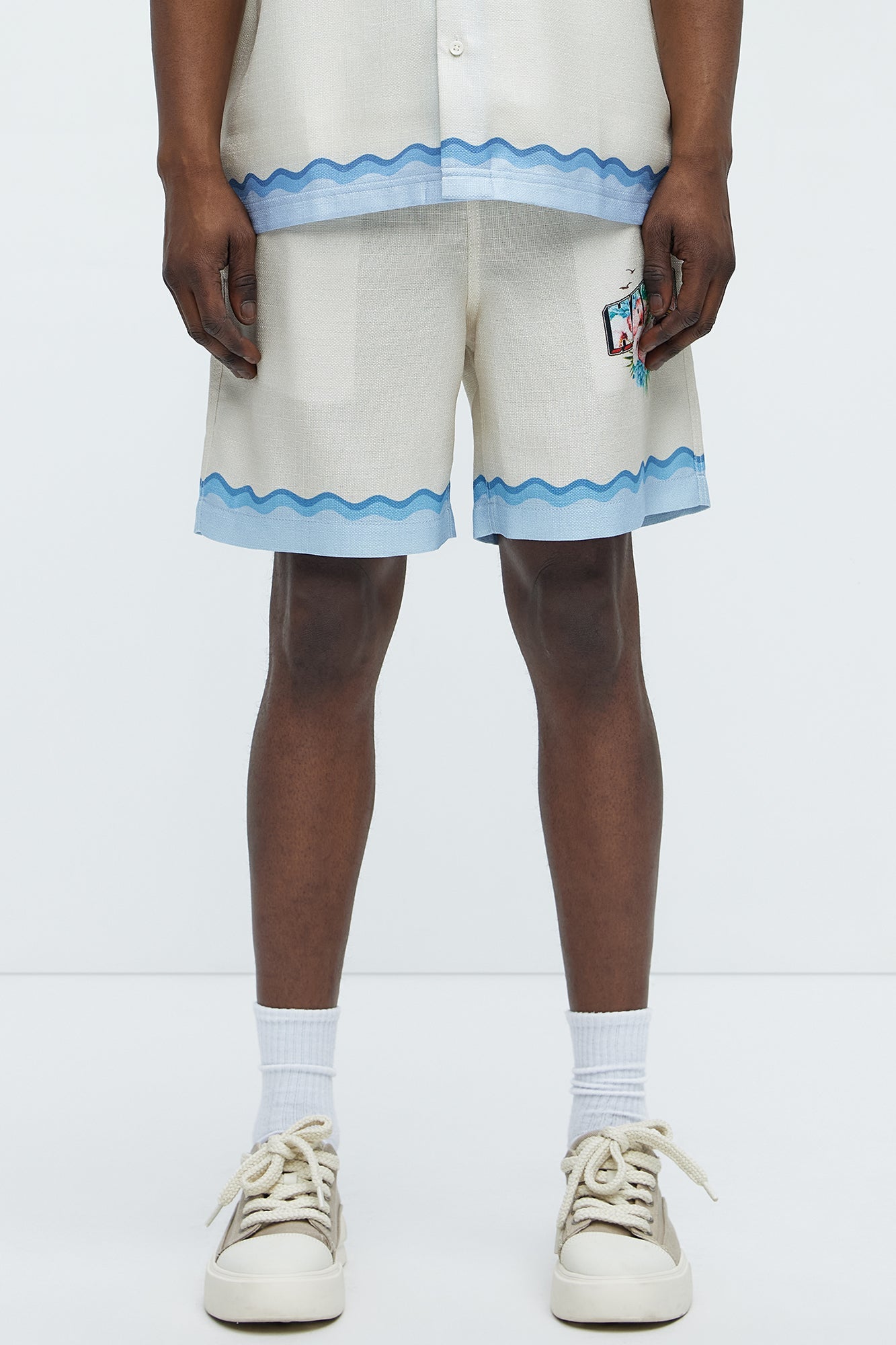 Havana Colorblock Border Print Relaxed Shorts - Cream/combo