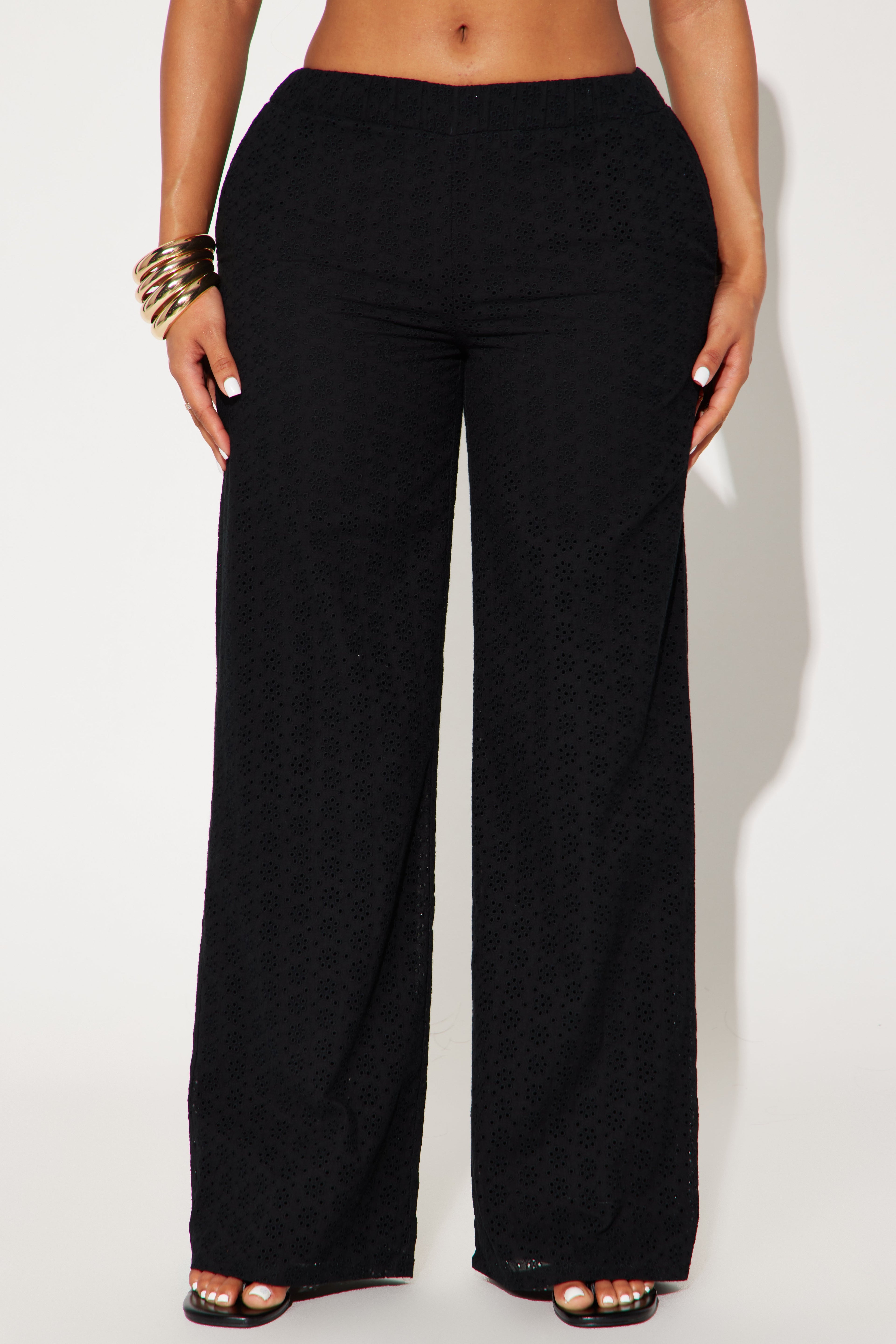 Emery Eyelet Textured Wide Leg Pant - Black