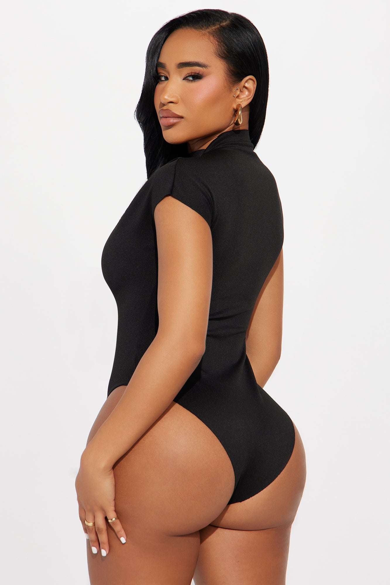 Fern Short Sleeve Mock Neck Bodysuit - Black