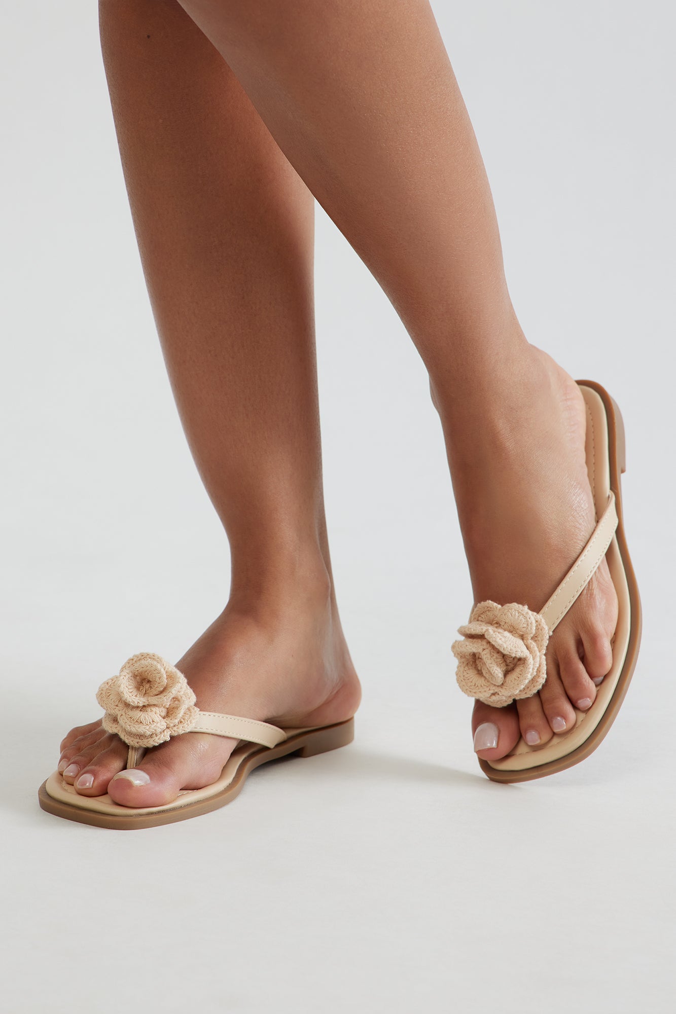 Tina Crochet Flower Flip Flops - Beige