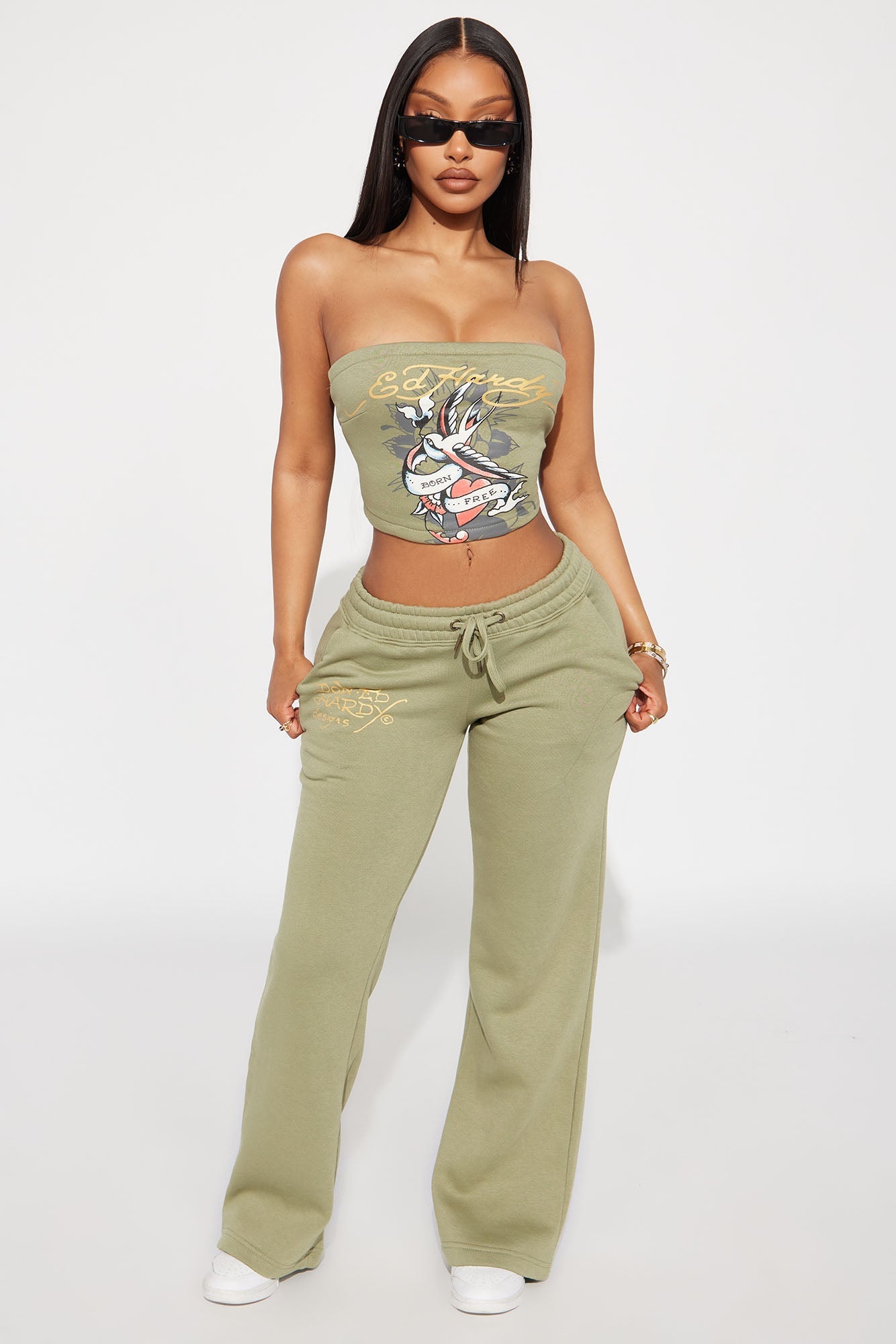 Ed Hardy Bird and Heart Tube Top Pant Set - Sage