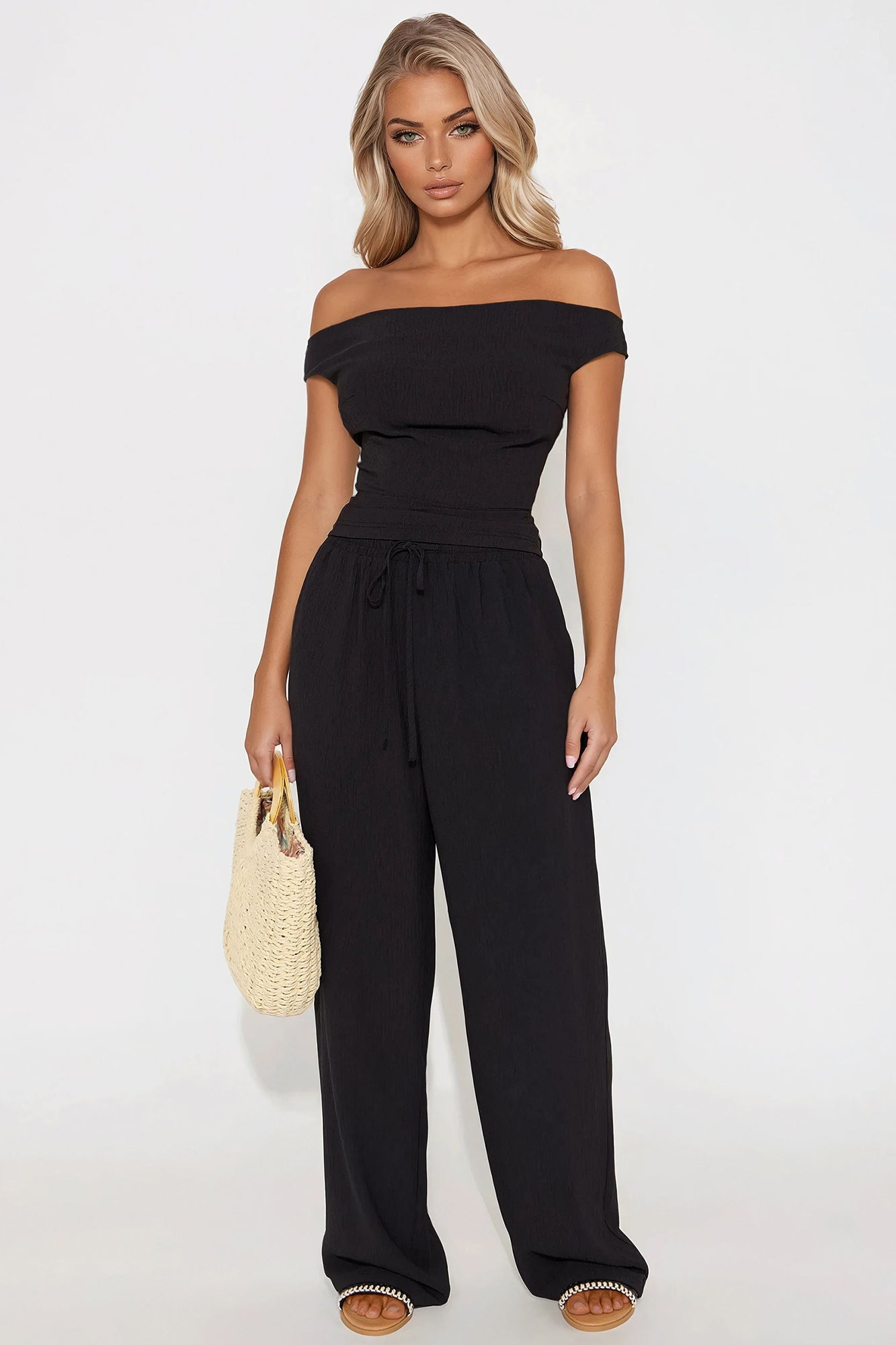 Ana Off Shoulder Pant Set - Black