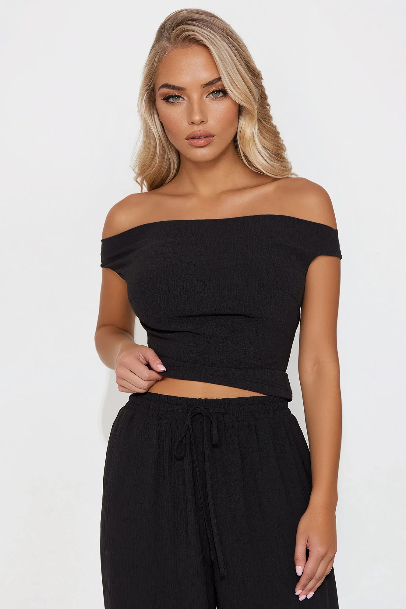 Ana Off Shoulder Pant Set - Black