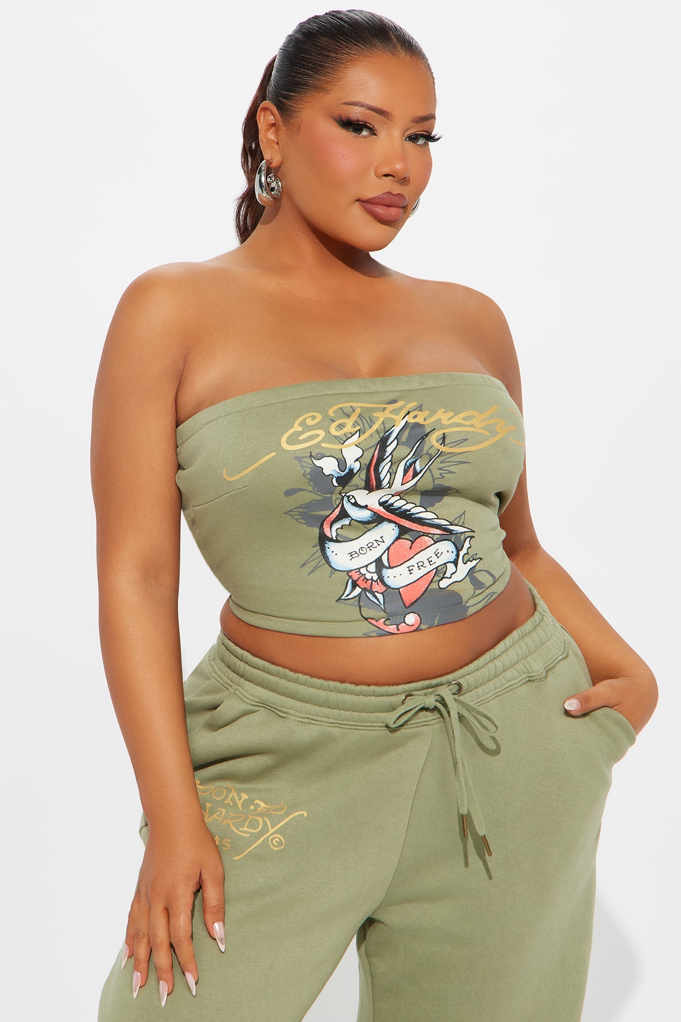 Ed Hardy Bird and Heart Tube Top Pant Set - Sage