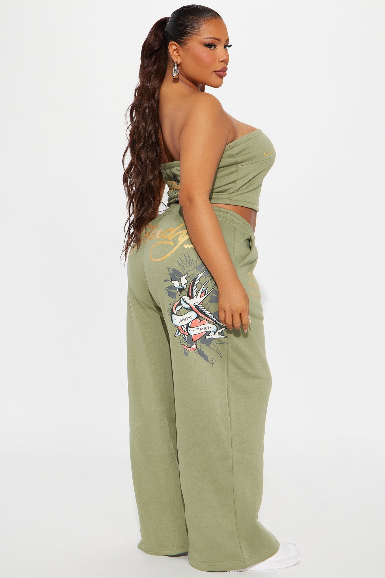 Ed Hardy Bird and Heart Tube Top Pant Set - Sage