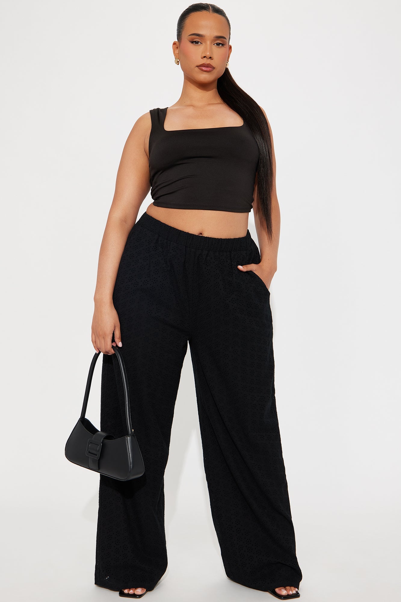 Emery Eyelet Textured Wide Leg Pant - Black