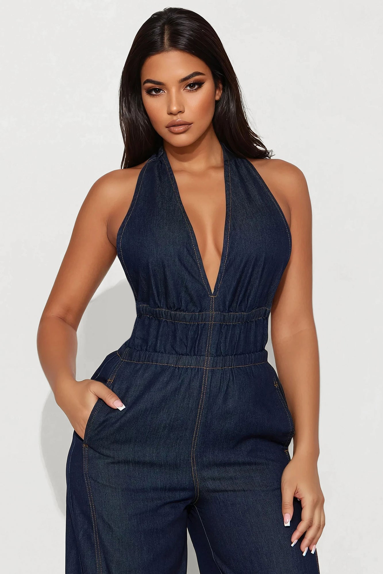 Enza Halter Denim Jumpsuit - Dark Wash