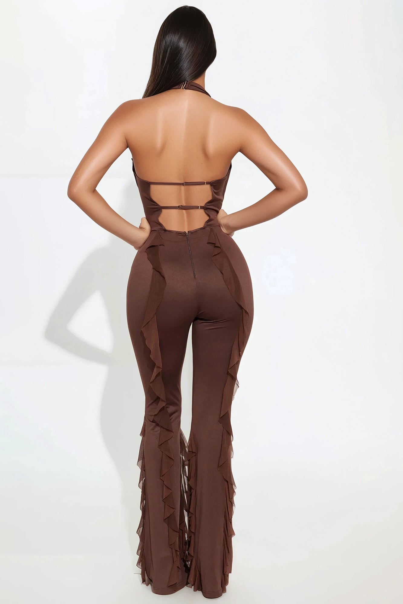 Take The Lead Halter Flare Leg Jumpsuit - Chocolate
