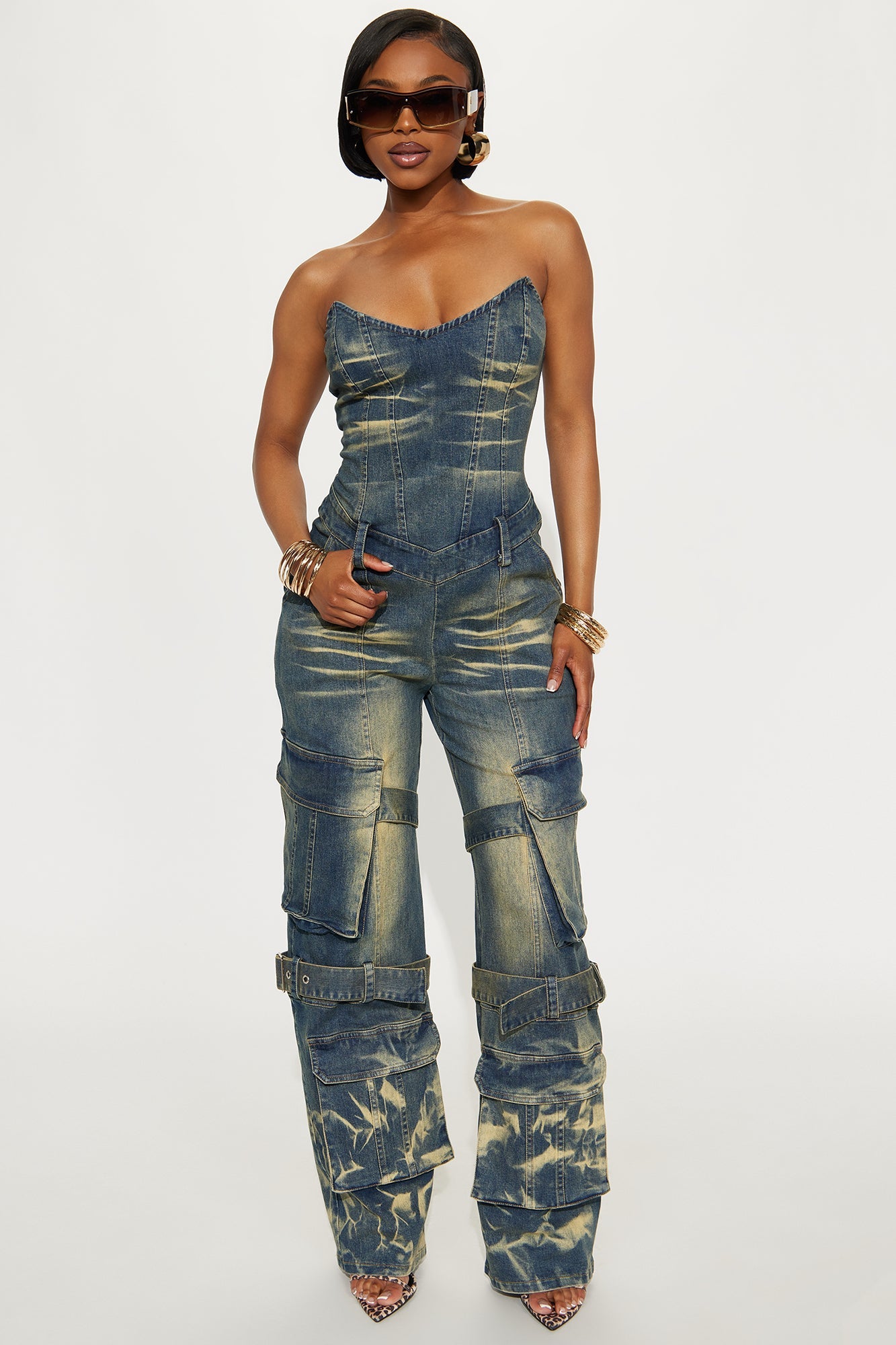 Vida Washed Denim Cargo Jumpsuit - Medium Wash