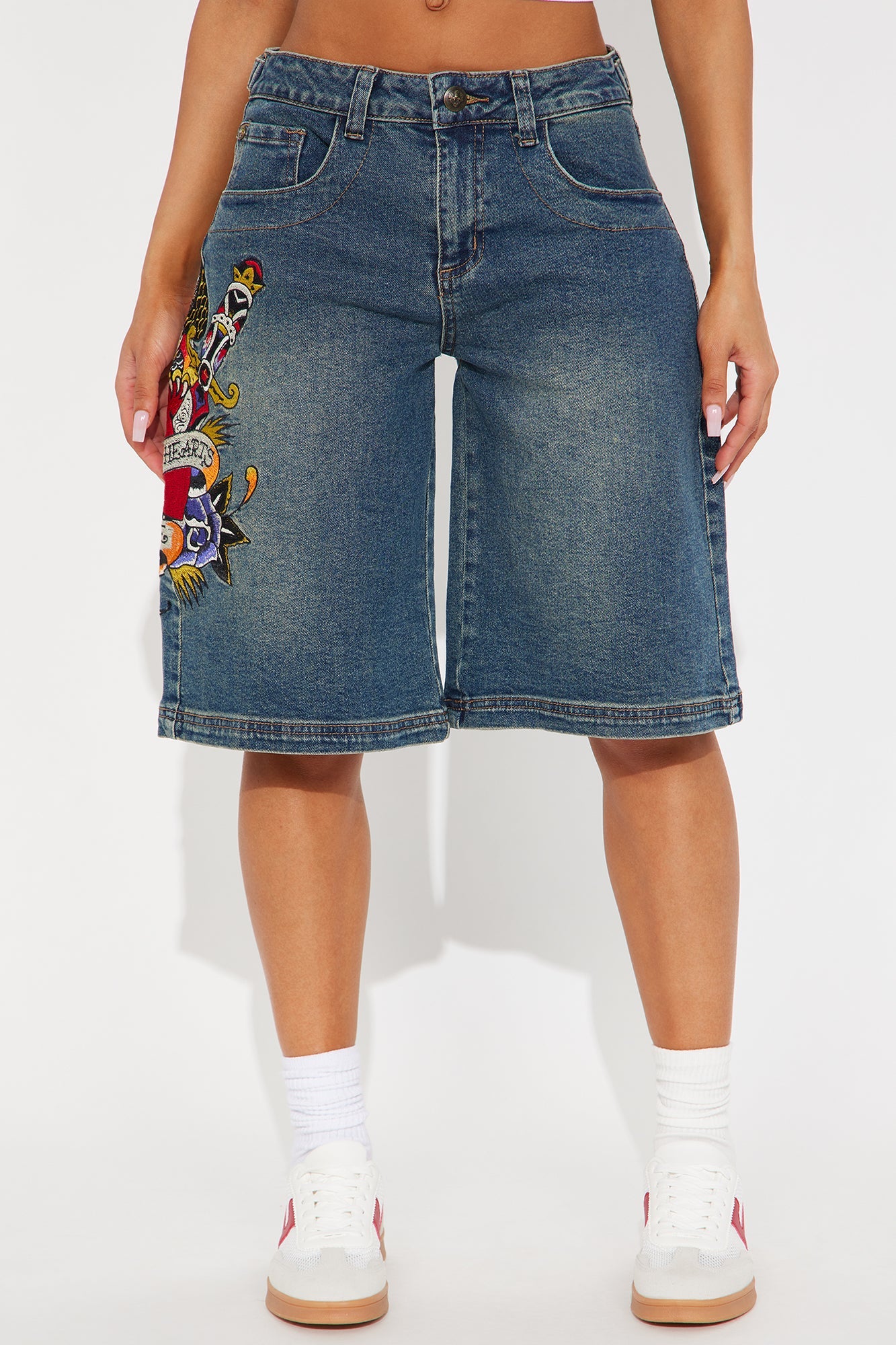 Ed Hardy Wings Of Love Baggy Denim Jorts - Medium Wash