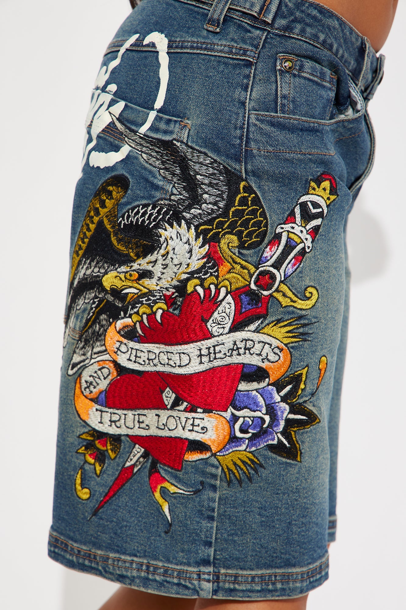 Ed Hardy Wings Of Love Baggy Denim Jorts - Medium Wash