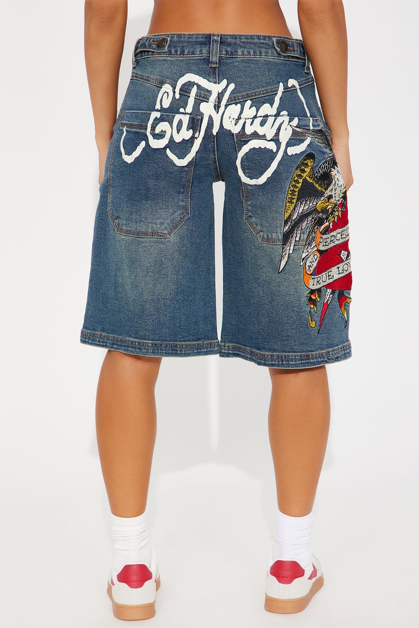 Ed Hardy Wings Of Love Baggy Denim Jorts - Medium Wash