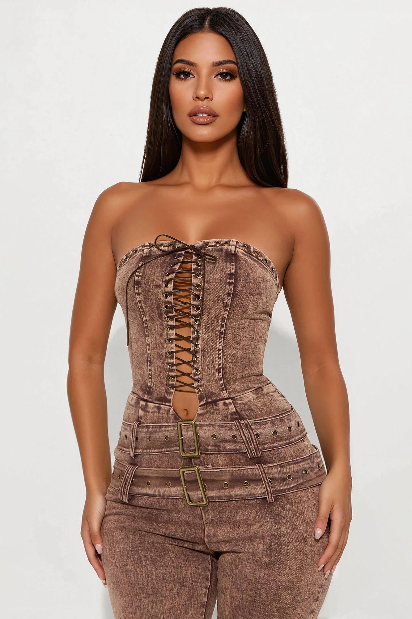 Frankie Washed Denim Flare Leg Jumpsuit - Brown